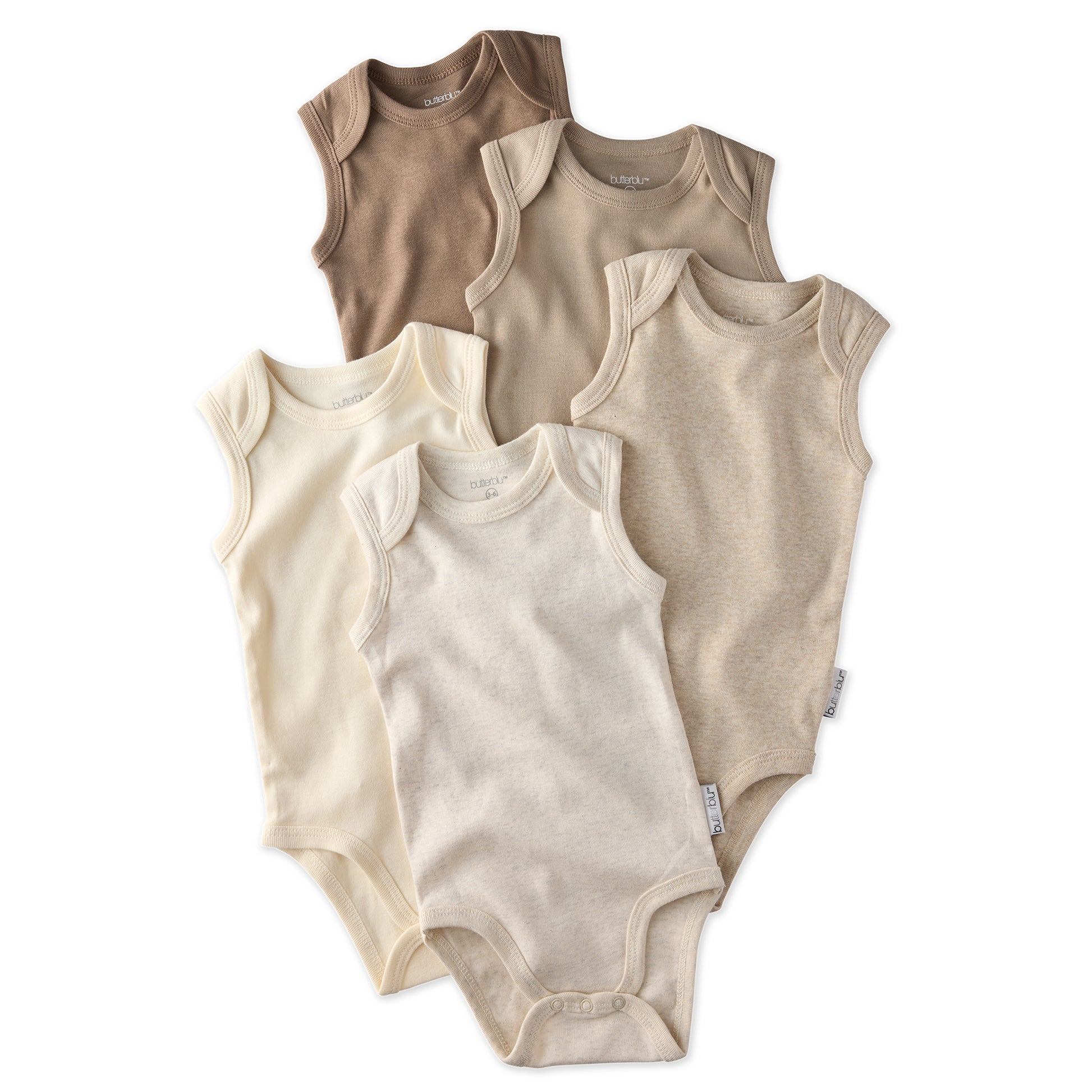 Layout of sleeveless bodysuits in Natural on a white background
