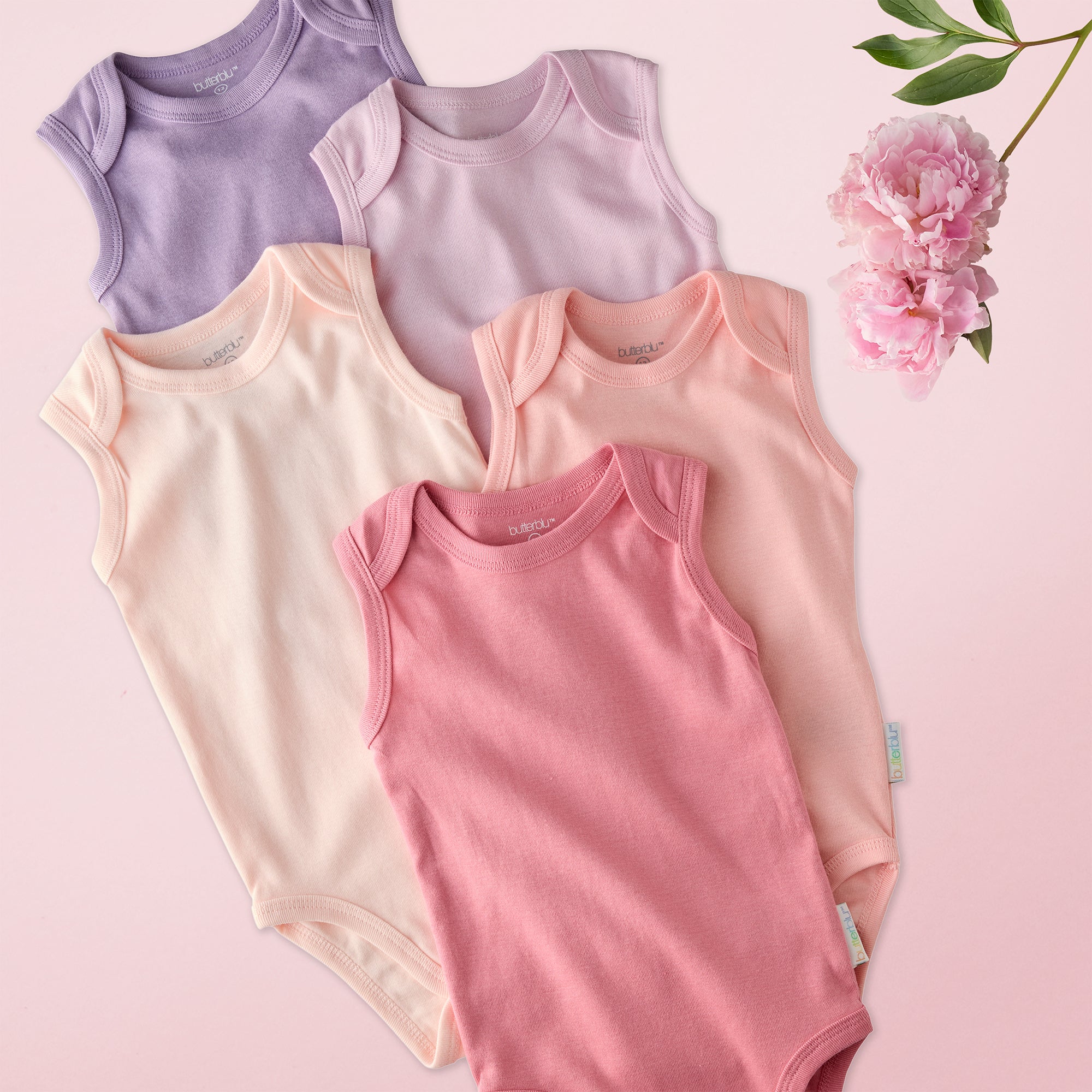 Layout of 5 sleeveless bodysuits in Pink on a pink background with some flower details
