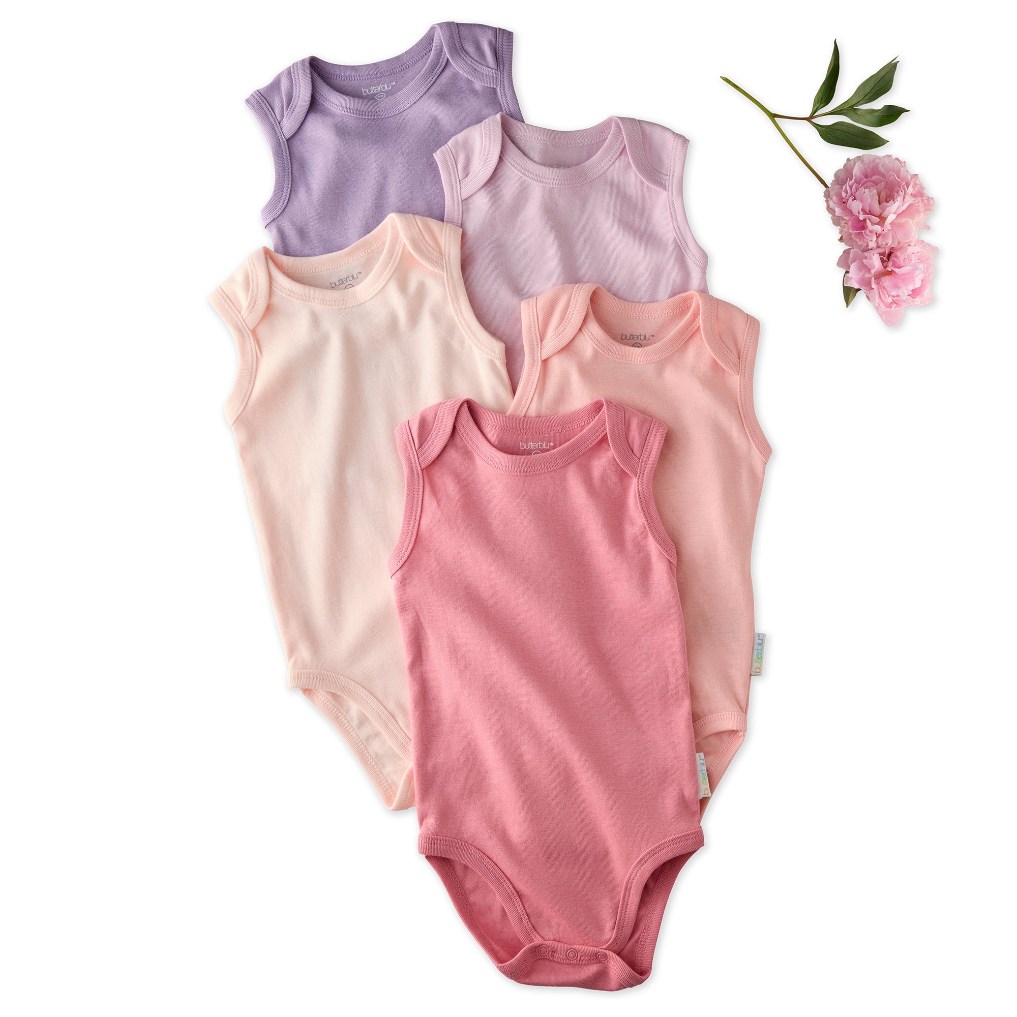 Layout of 5 sleeveless bodysuits in Pink on a white background with some flower details
