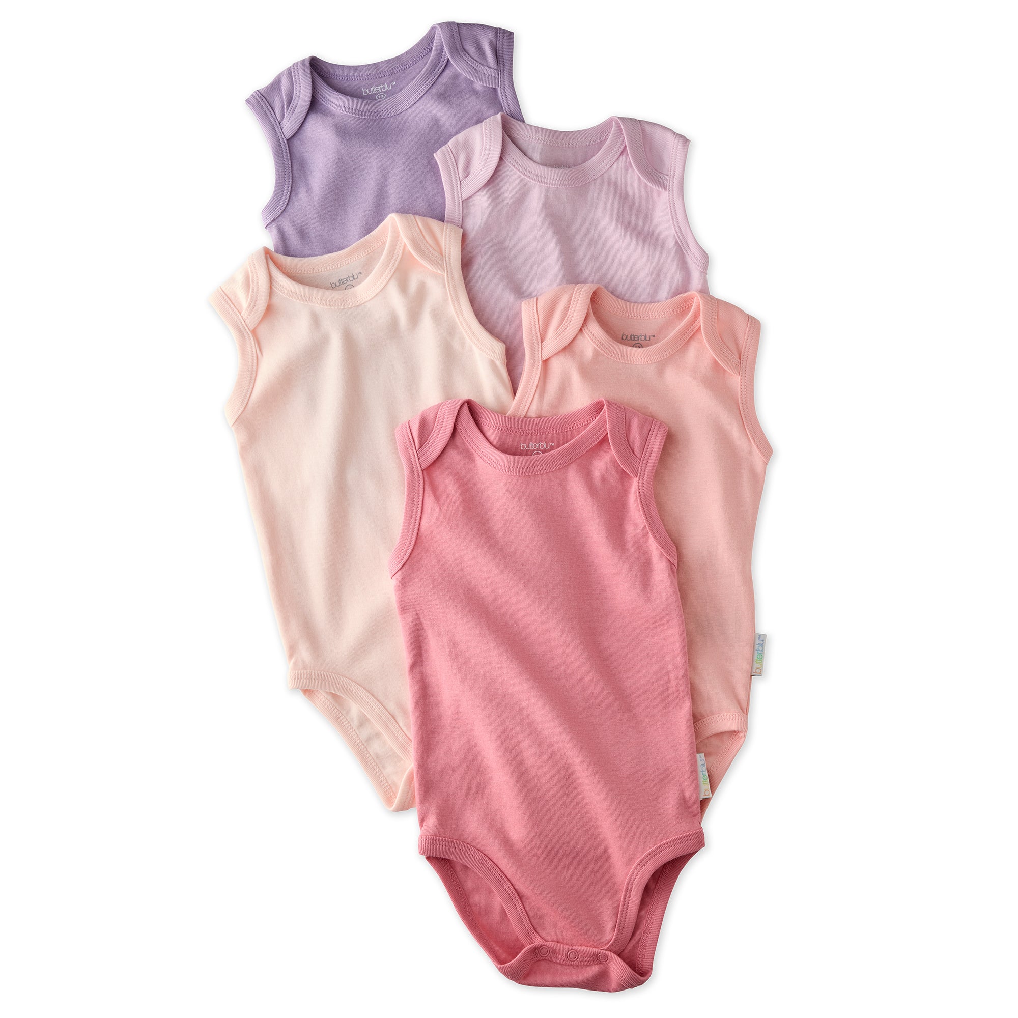 Layout of sleeveless bodysuits in Pink on a white background
