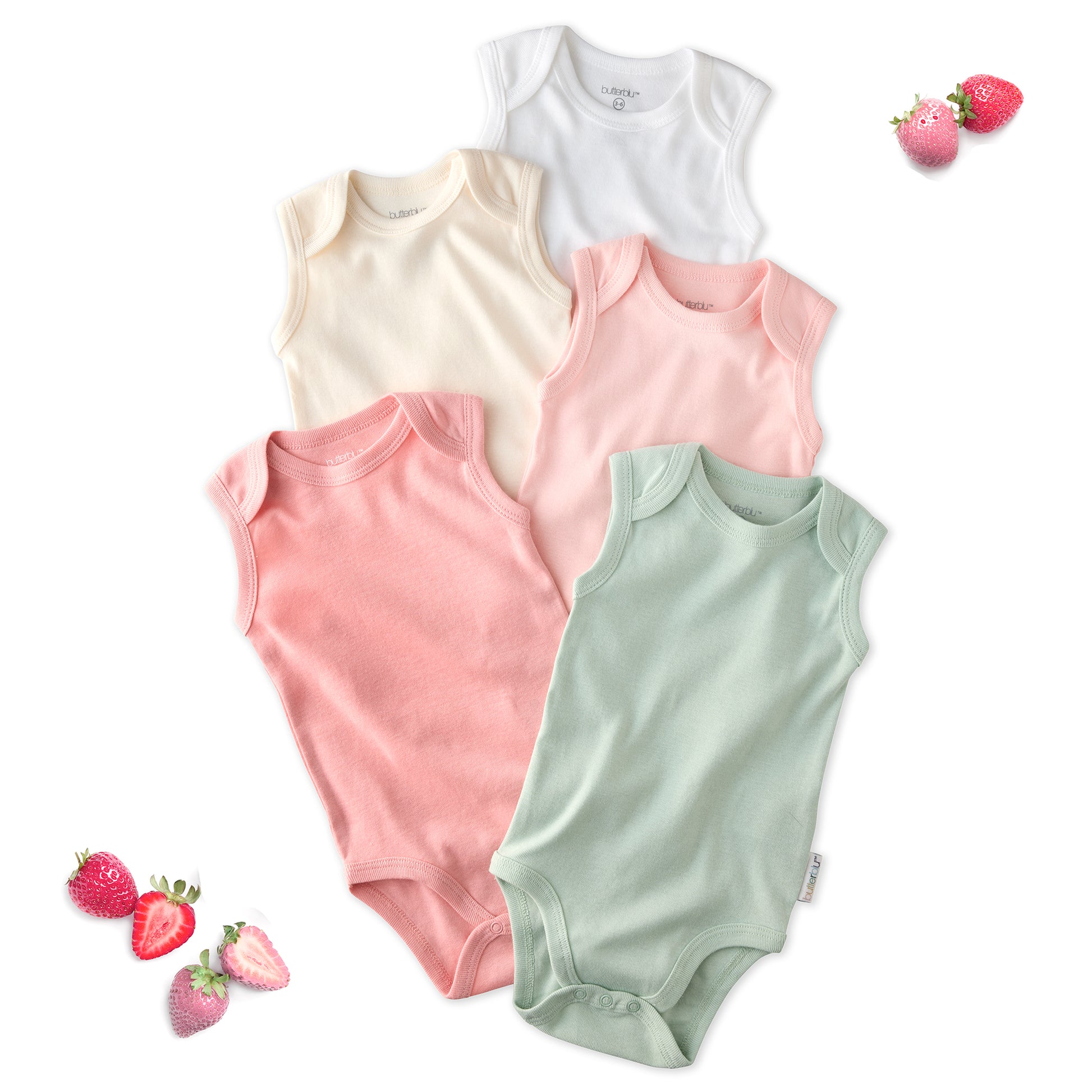 Layout of 5 sleeveless bodysuits in Strawberry on a white background with some strawberry details
