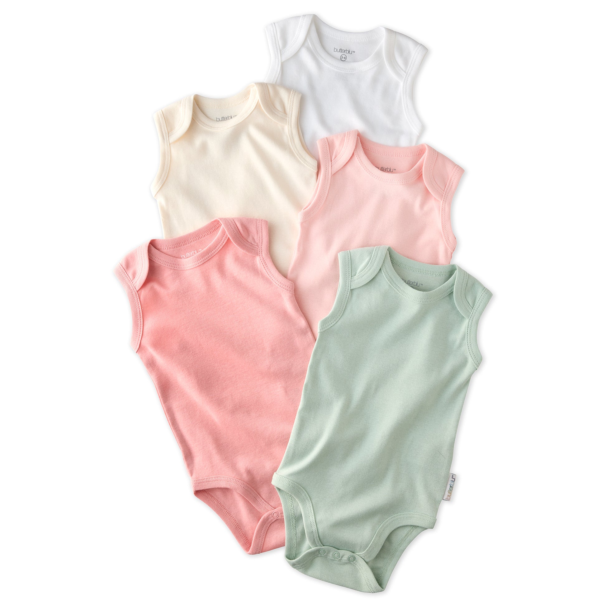 Layout of sleeveless bodysuits in Strawberry on a white background
