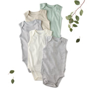 Layout of 5 sleeveless bodysuits in Seafoam on a white background with some leaf details

