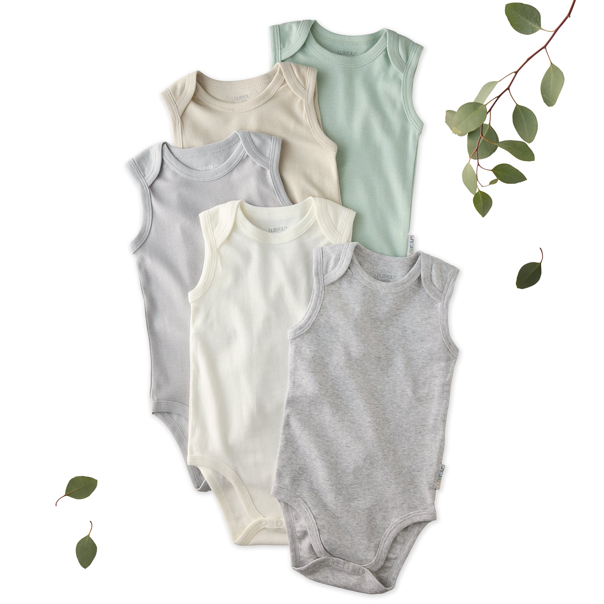 Layout of 5 sleeveless bodysuits in Seafoam on a white background with some leaf details
