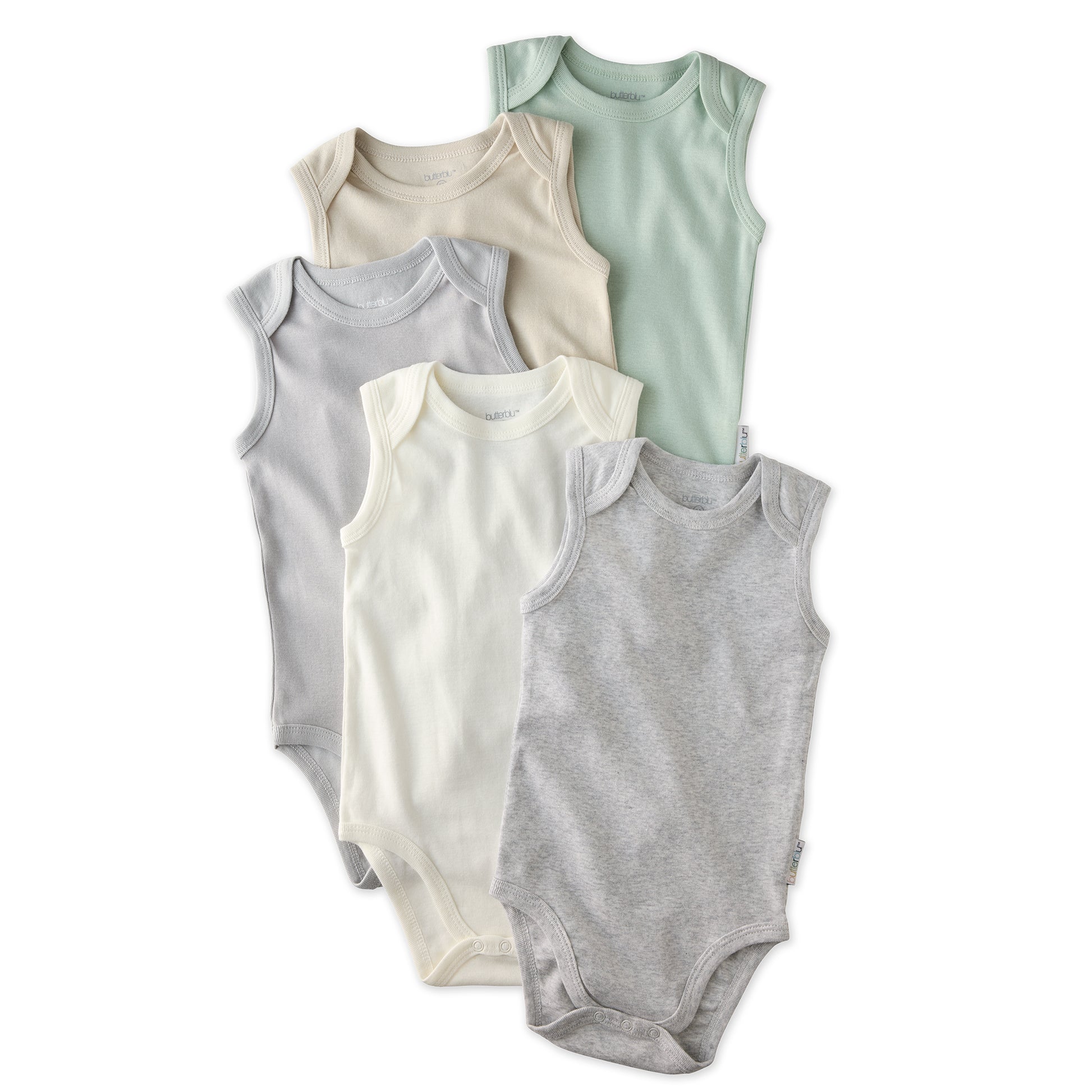 Layout of sleeveless bodysuits in Seafoam on a white background
