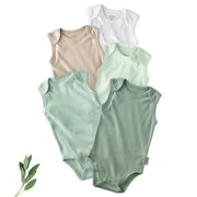 Layout of 5 sleeveless bodysuits in Sage on a white background with some leaf details
