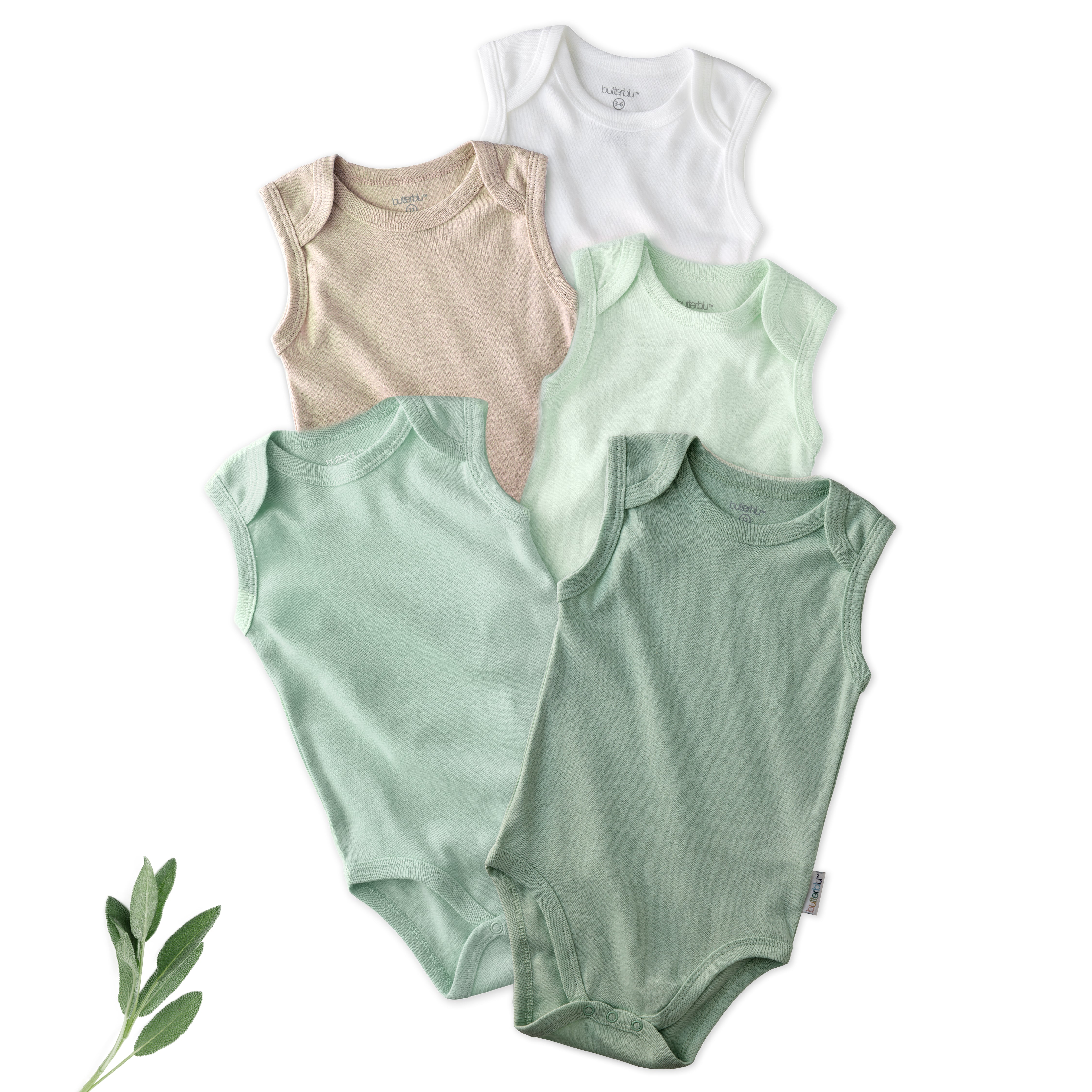 Layout of 5 sleeveless bodysuits in Sage on a white background with some leaf details

