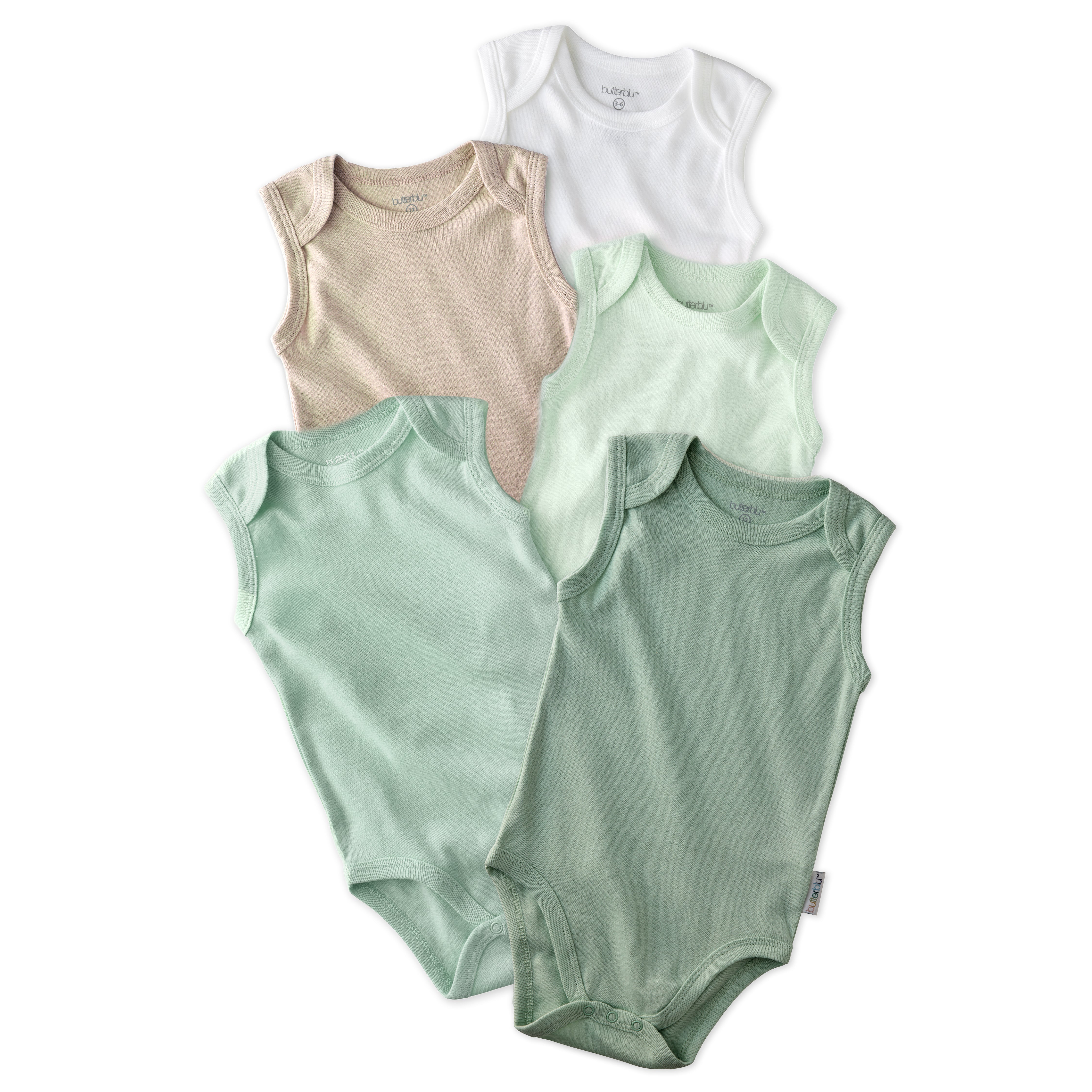 Layout of sleeveless bodysuits in Sage on a white background
