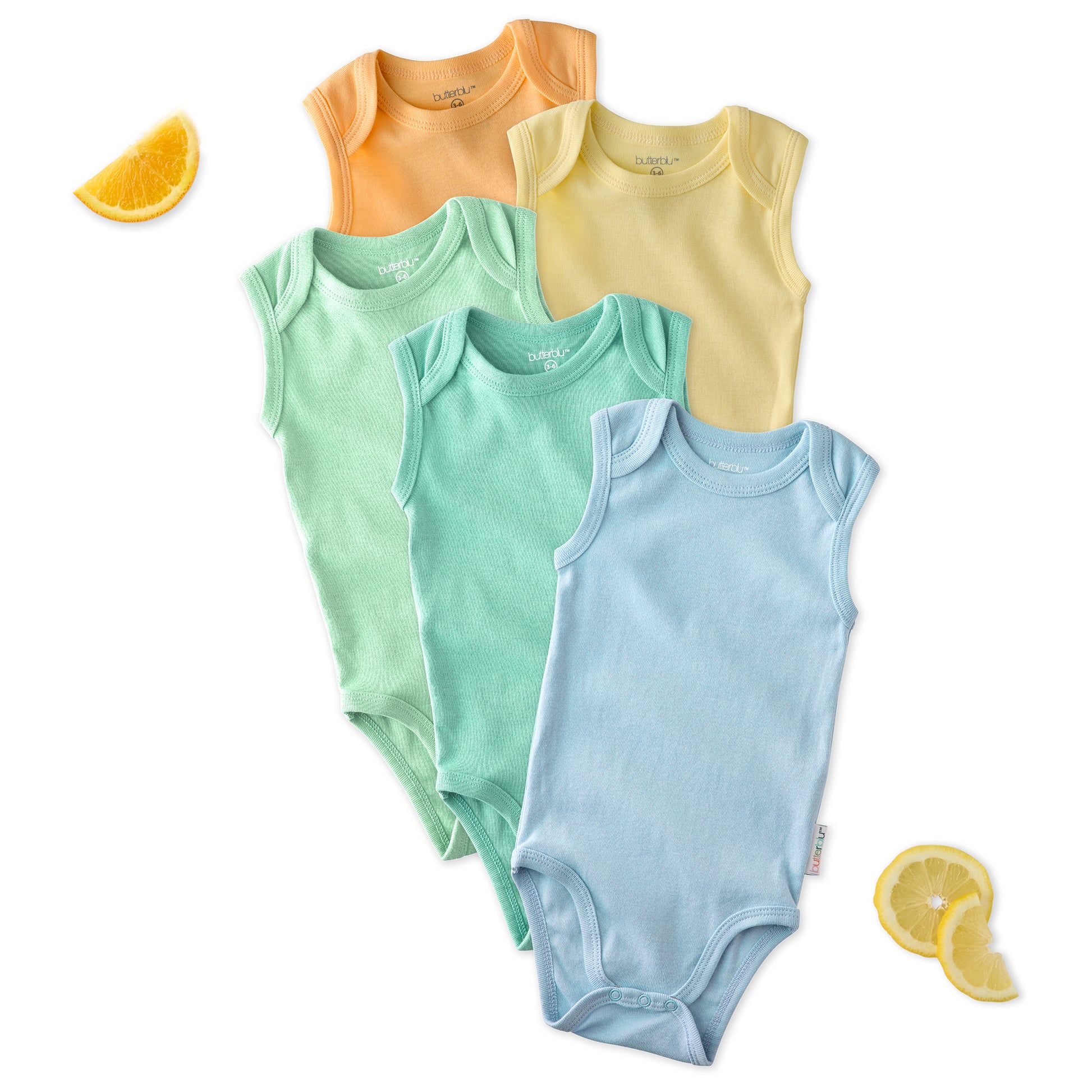 Layout of 5 sleeveless bodysuits in Sunny on a white background with some orange details
