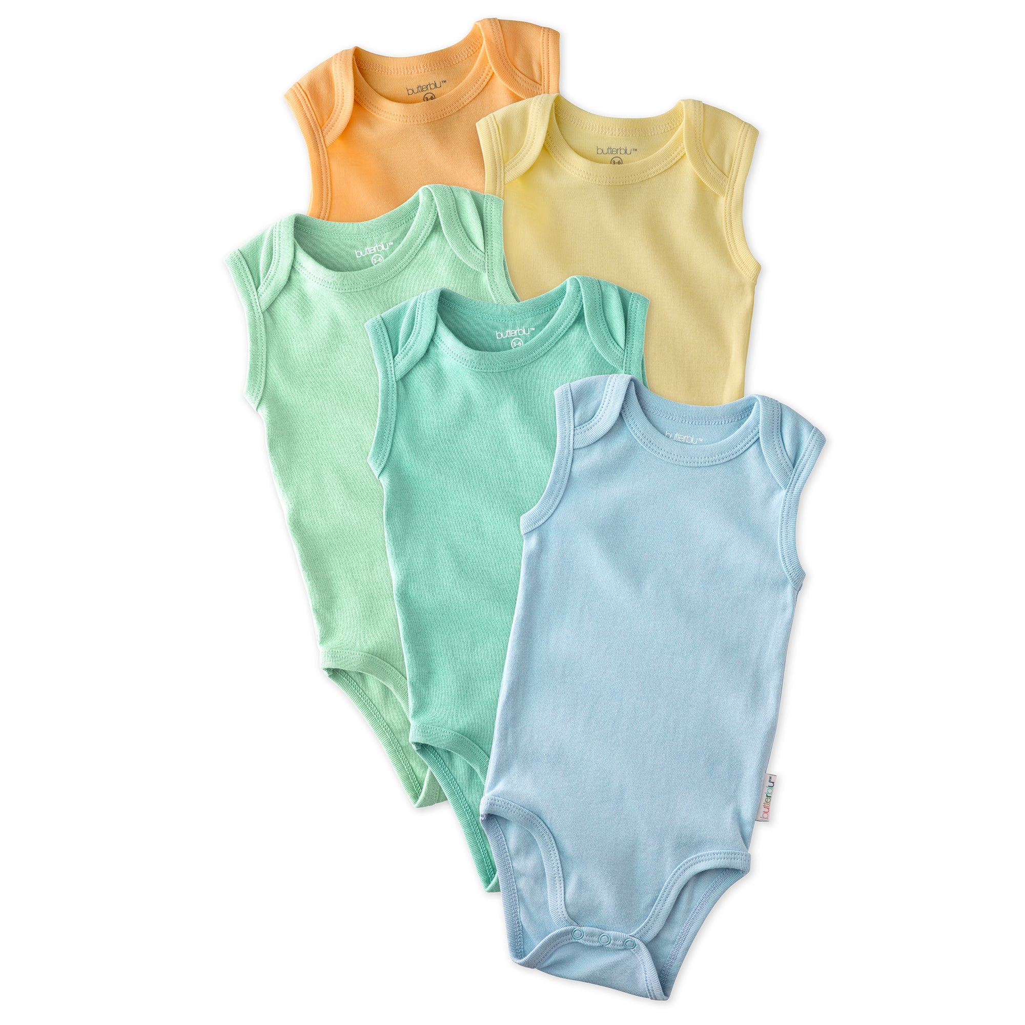 Layout of sleeveless bodysuits in Blue on a white background
