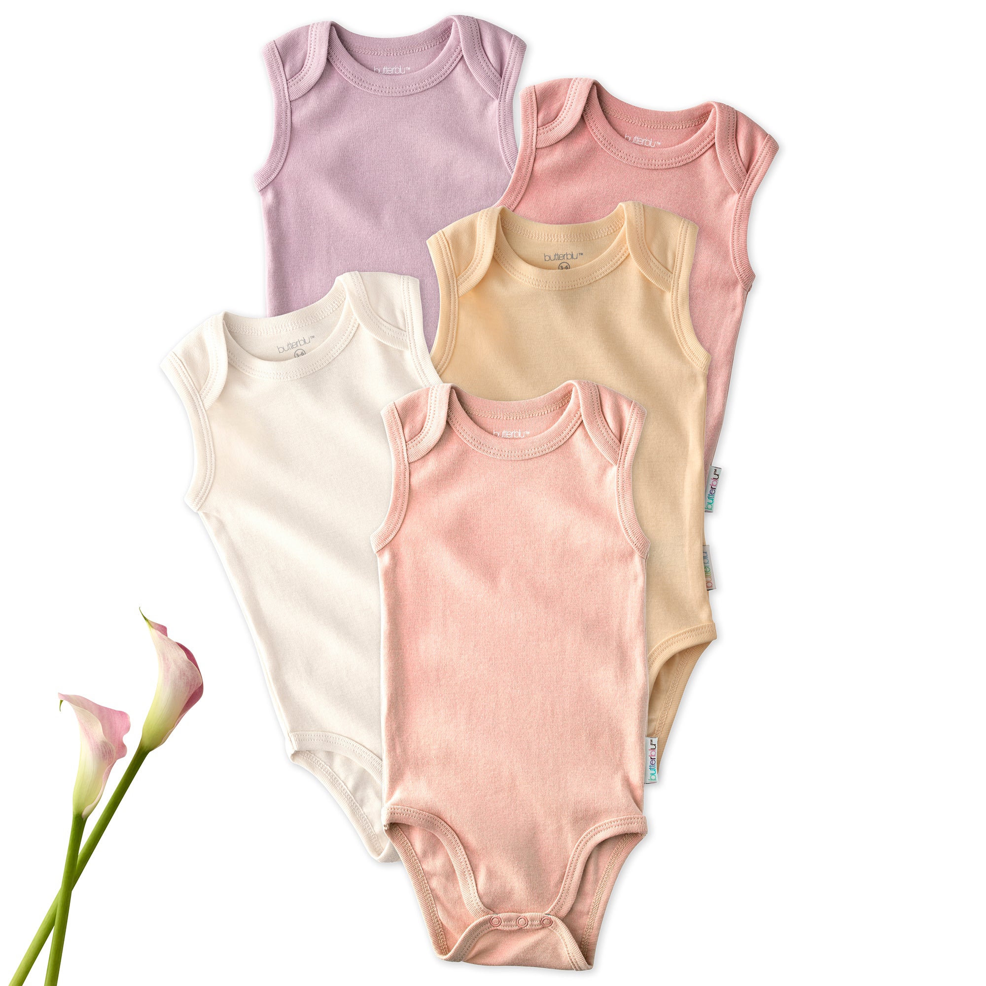 Layout of 5 sleeveless bodysuits in Sorbet on a white background with some flower details
