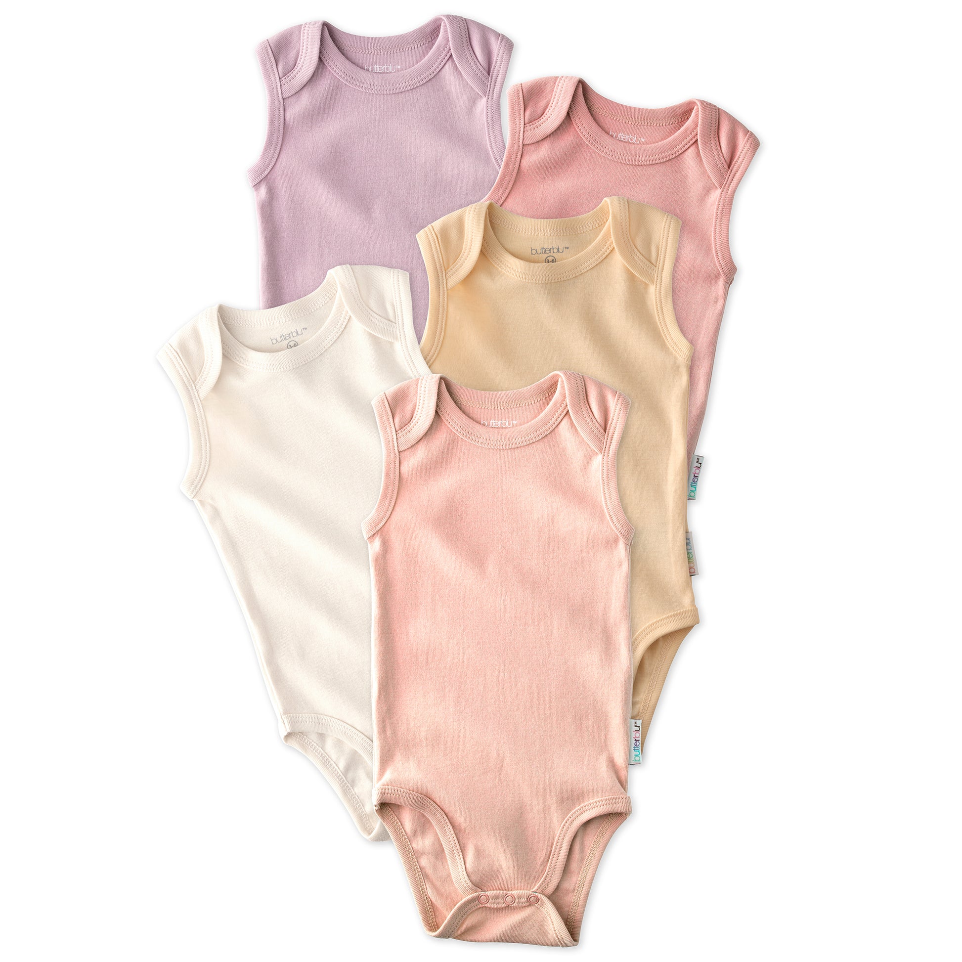Layout of sleeveless bodysuits in Sorbet on a white background
