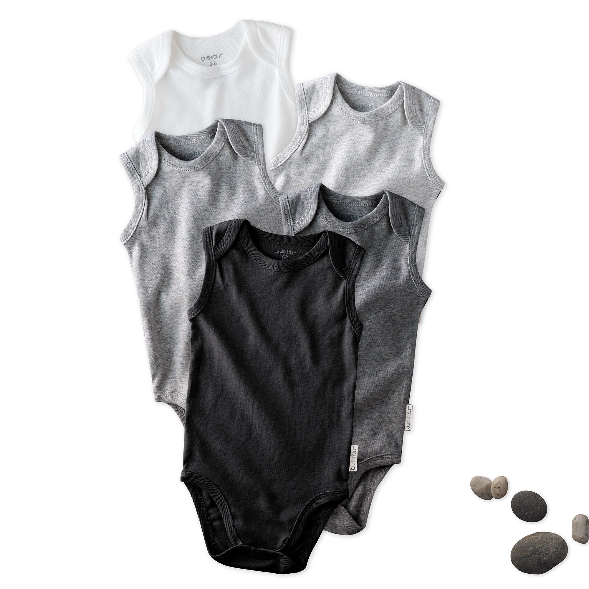 Layout of 5 sleeveless bodysuits in Stone on a white background with some stone details
