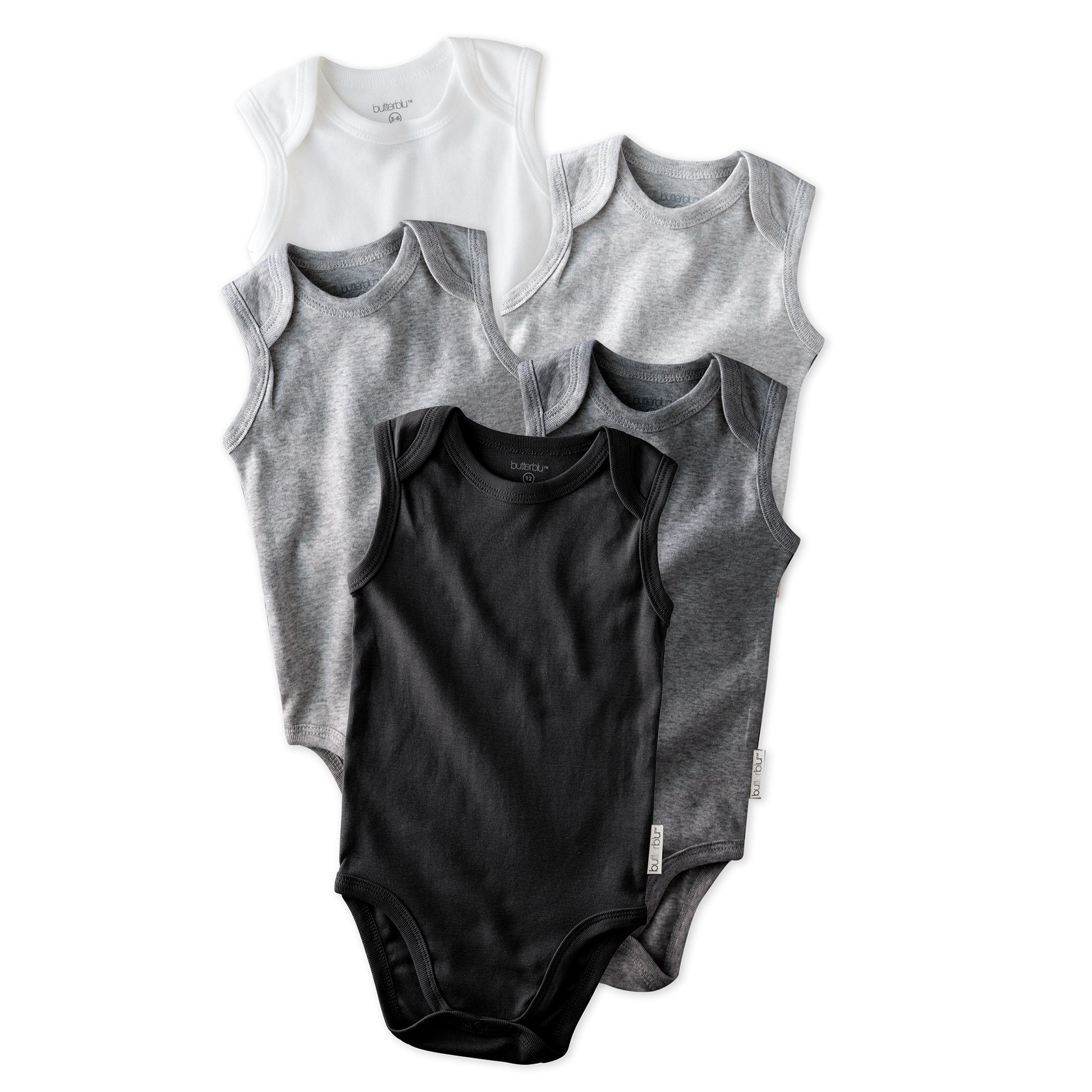 Layout of sleeveless bodysuits in Stone on a white background
