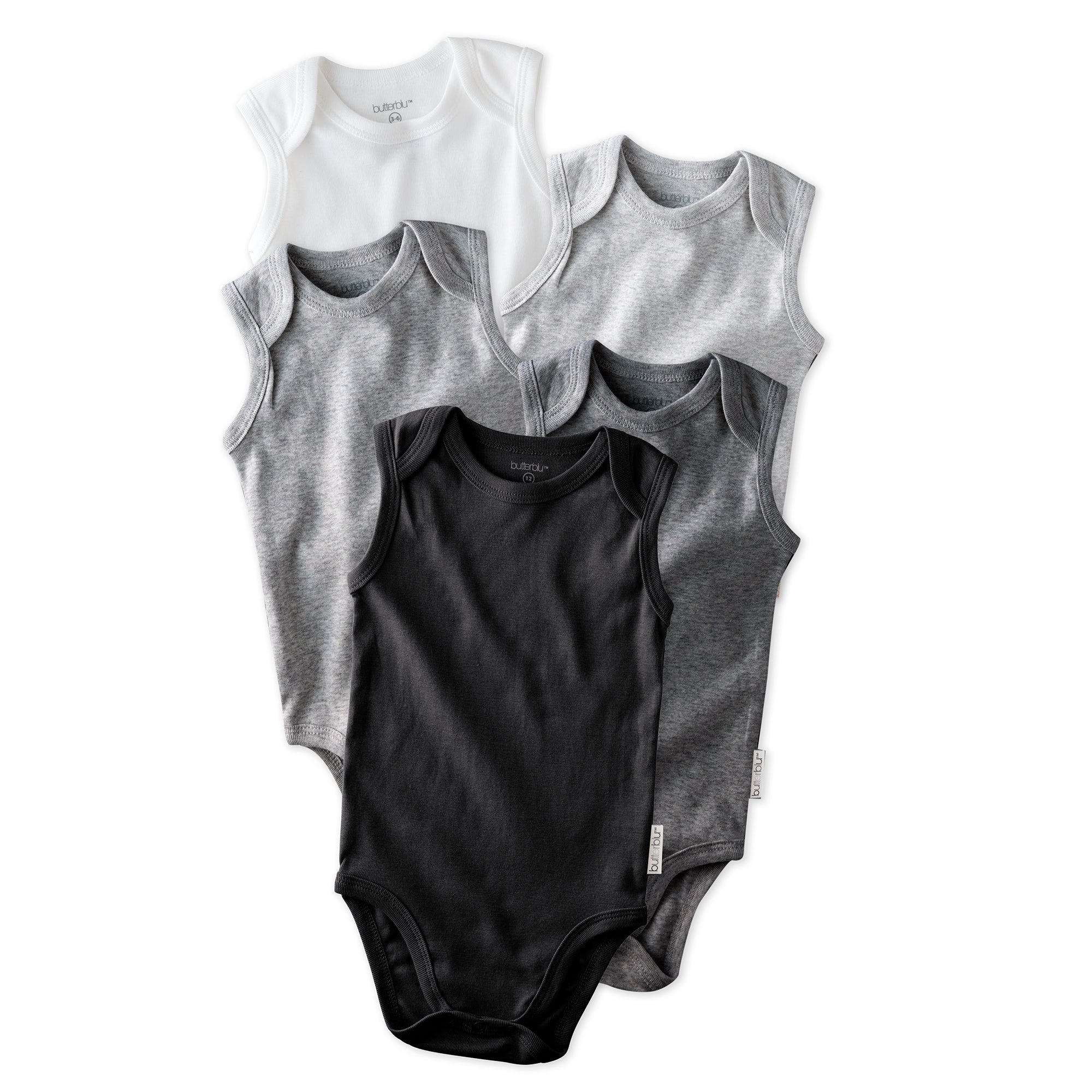 Layout of sleeveless bodysuits in Stone on a white background
