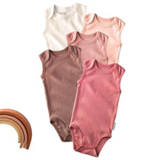 Layout of 5 sleeveless bodysuits in Sunset on a white background with some rainbow details

