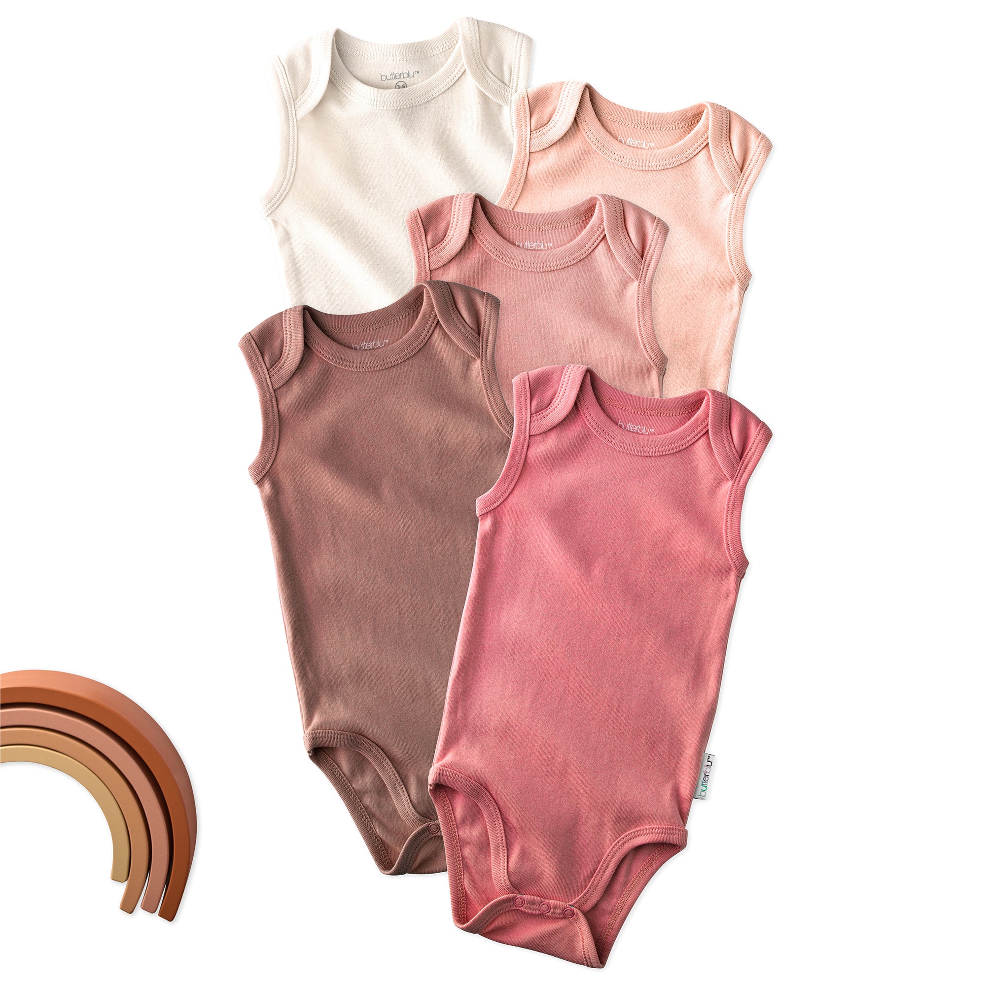 Layout of 5 sleeveless bodysuits in Sunset on a white background with some rainbow details
