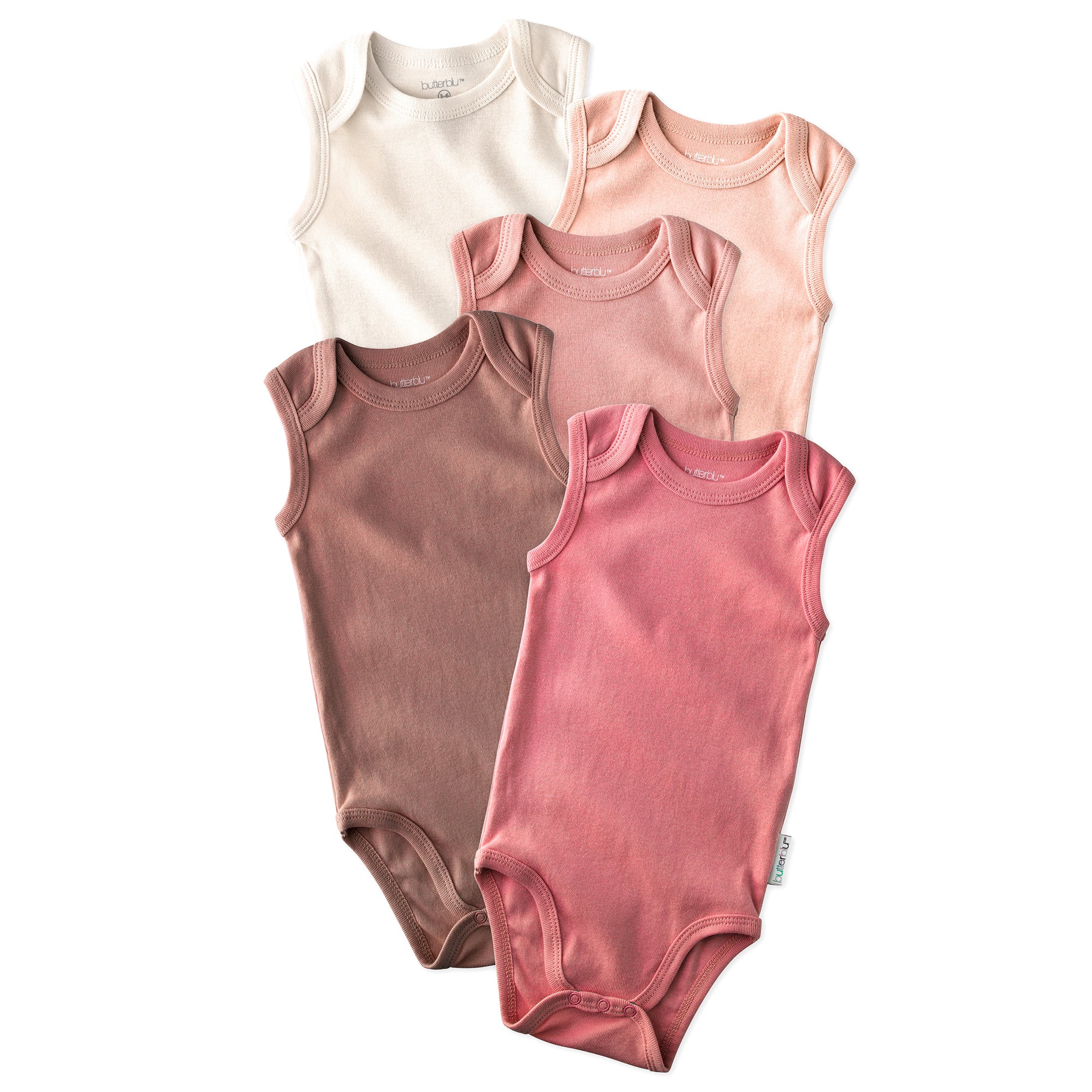 Layout of sleeveless bodysuits in Sunset on a white background
