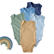 Layout of 5 sleeveless bodysuits in Terra on a white background with some rainbow details

