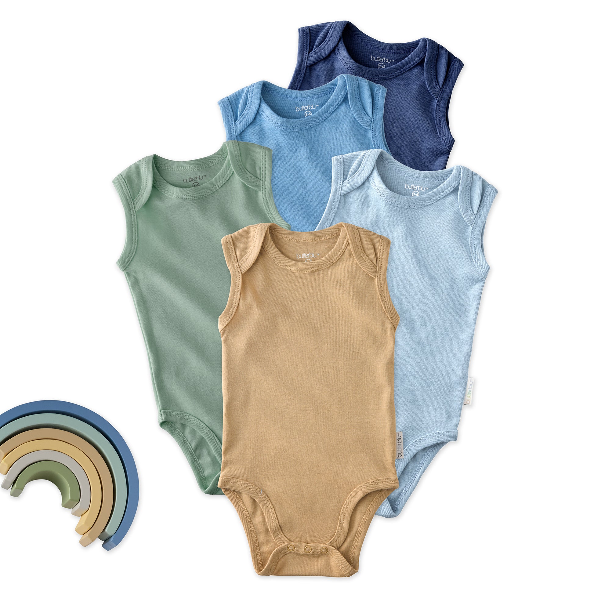 Layout of 5 sleeveless bodysuits in Terra on a white background with some rainbow details
