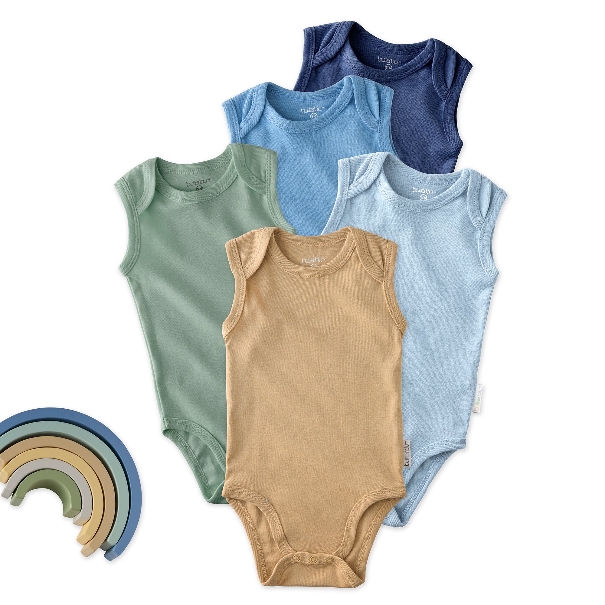 Layout of 5 sleeveless bodysuits in Terra on a white background with some rainbow details
