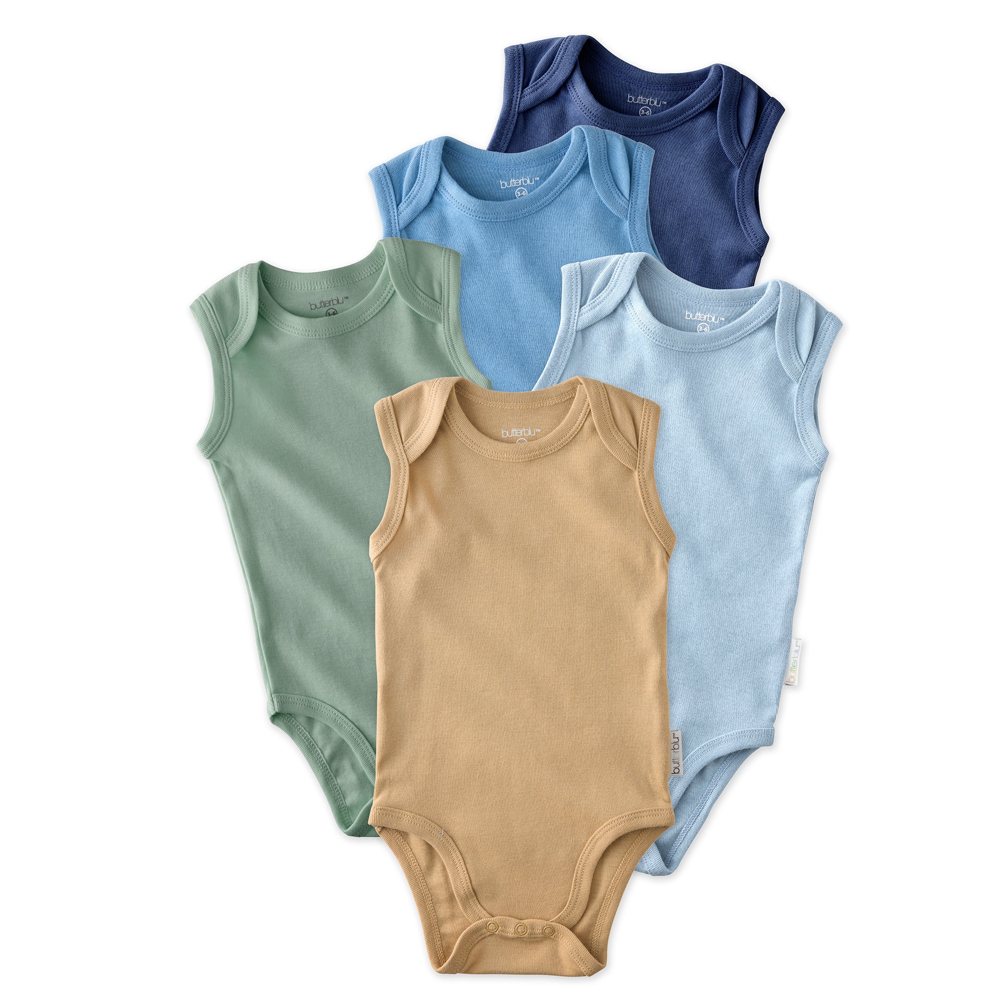 Layout of sleeveless bodysuits in Terra on a white background
