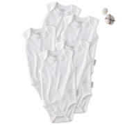 Layout of 5 sleeveless bodysuits in White on a white background with some cotton details
