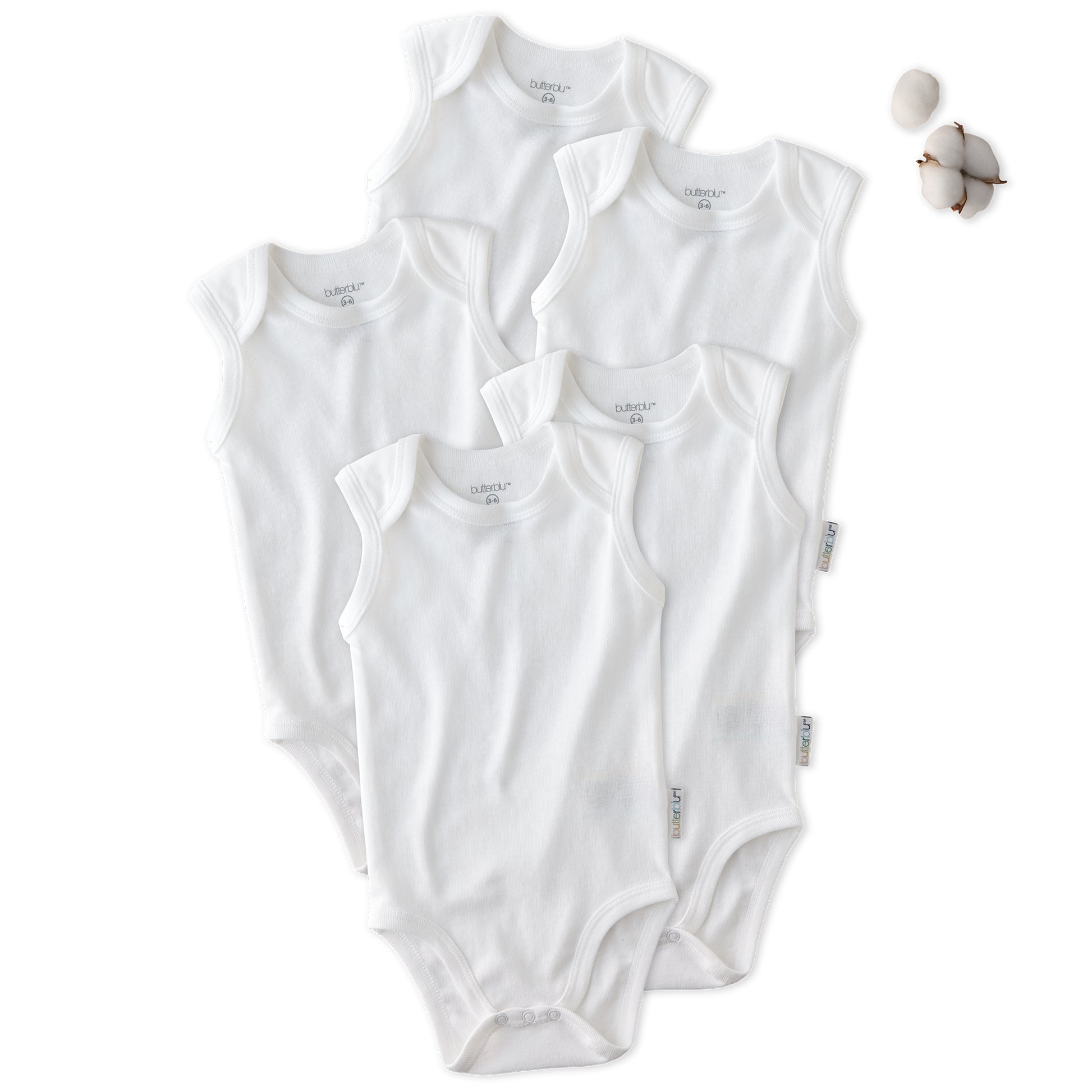Layout of 5 sleeveless bodysuits in White on a white background with some cotton details
