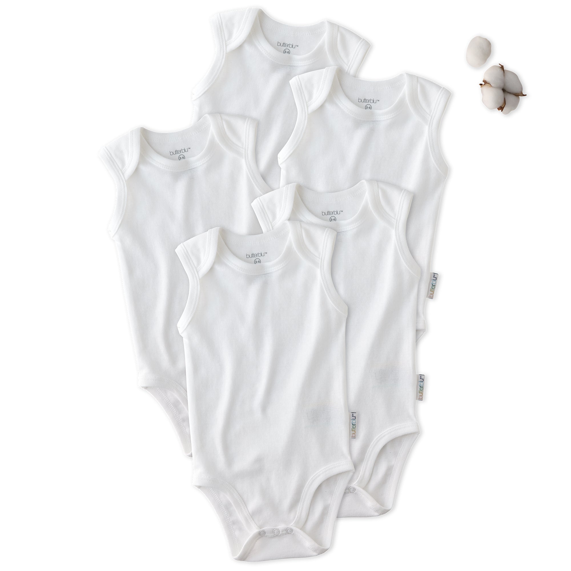 Layout of 5 sleeveless bodysuits in White on a white background with some cotton details
