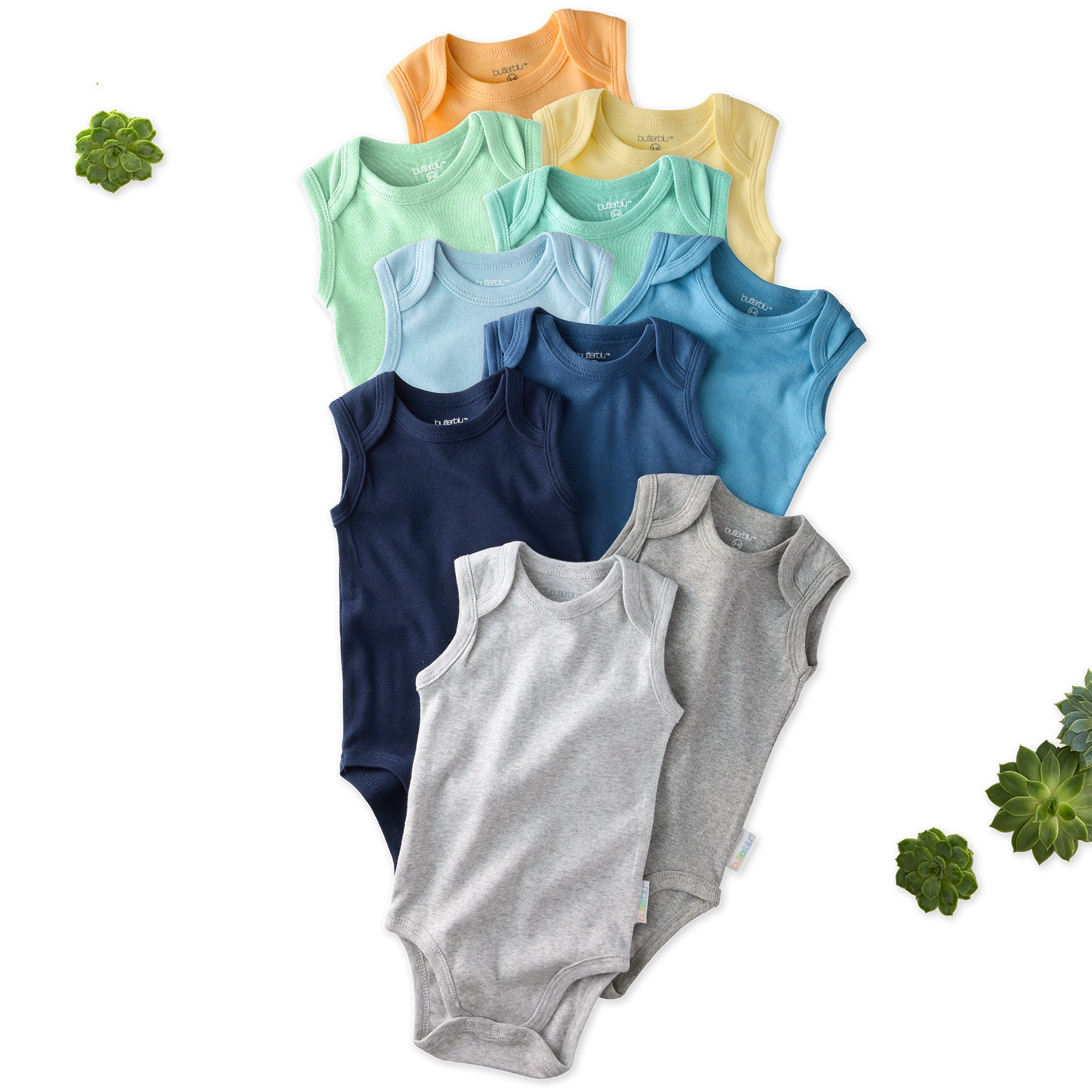 Layout of 10 short sleeve bodysuits in Sunny Blue Rainbow on a white background with a plant detail
