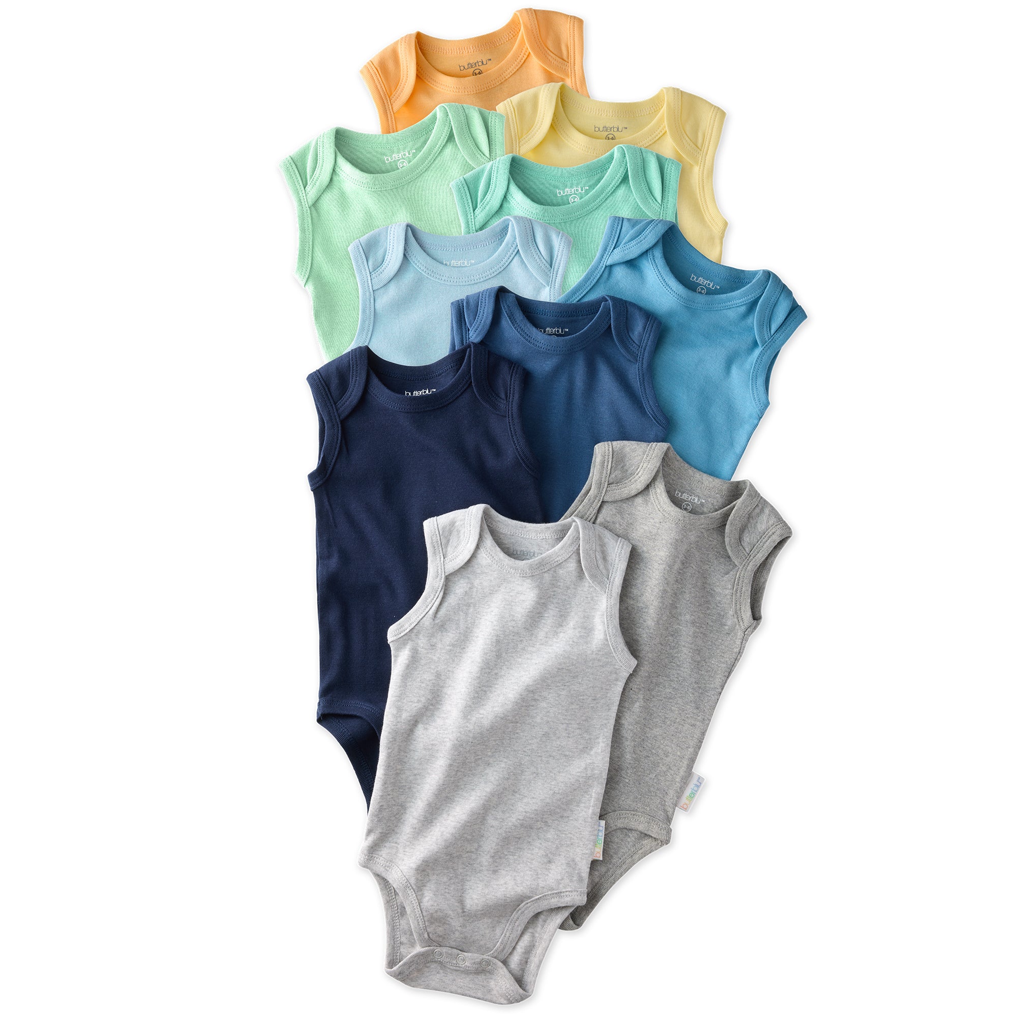 Layout of 10 short sleeve bodysuits in Stone Natural Rainbow on a white background