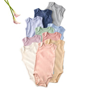 Layout of 10 short sleeve bodysuits in Sorbet Frost Rainbow on a white background with a flower detail