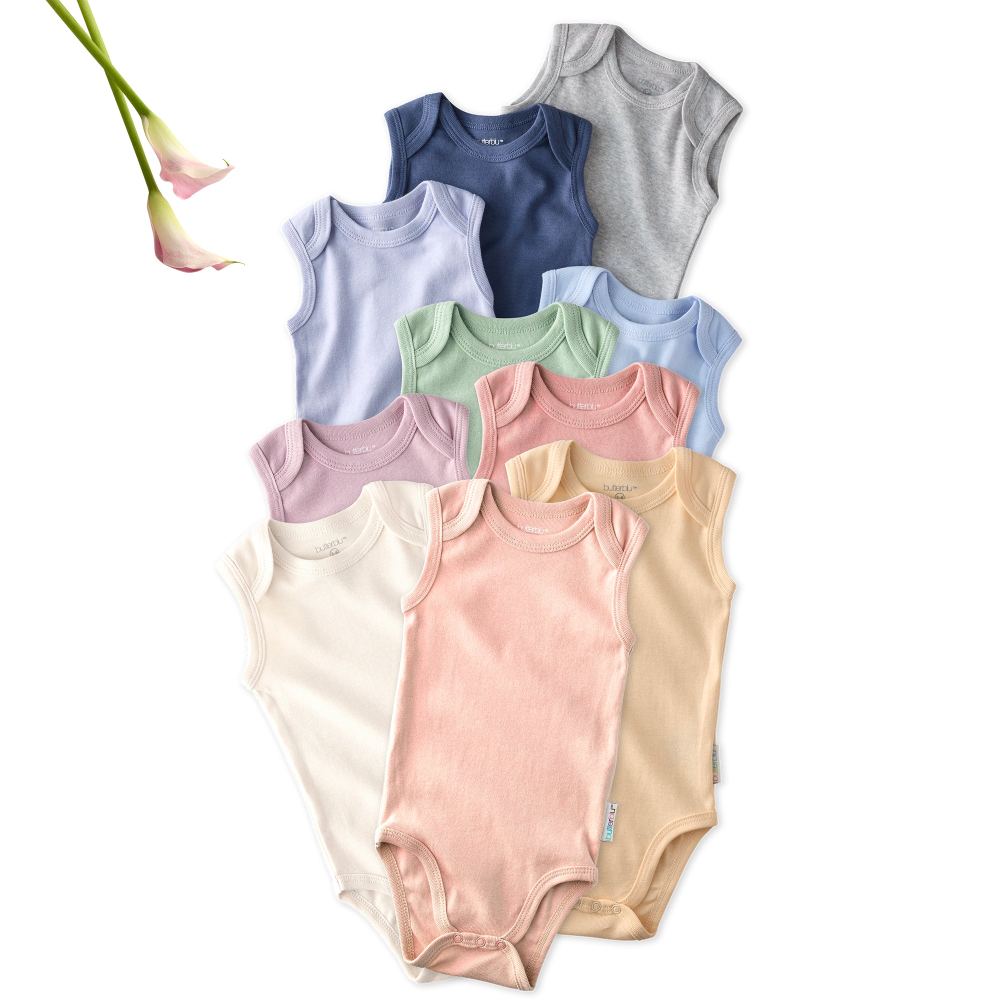 Layout of 10 short sleeve bodysuits in Sorbet Frost Rainbow on a white background with a flower detail