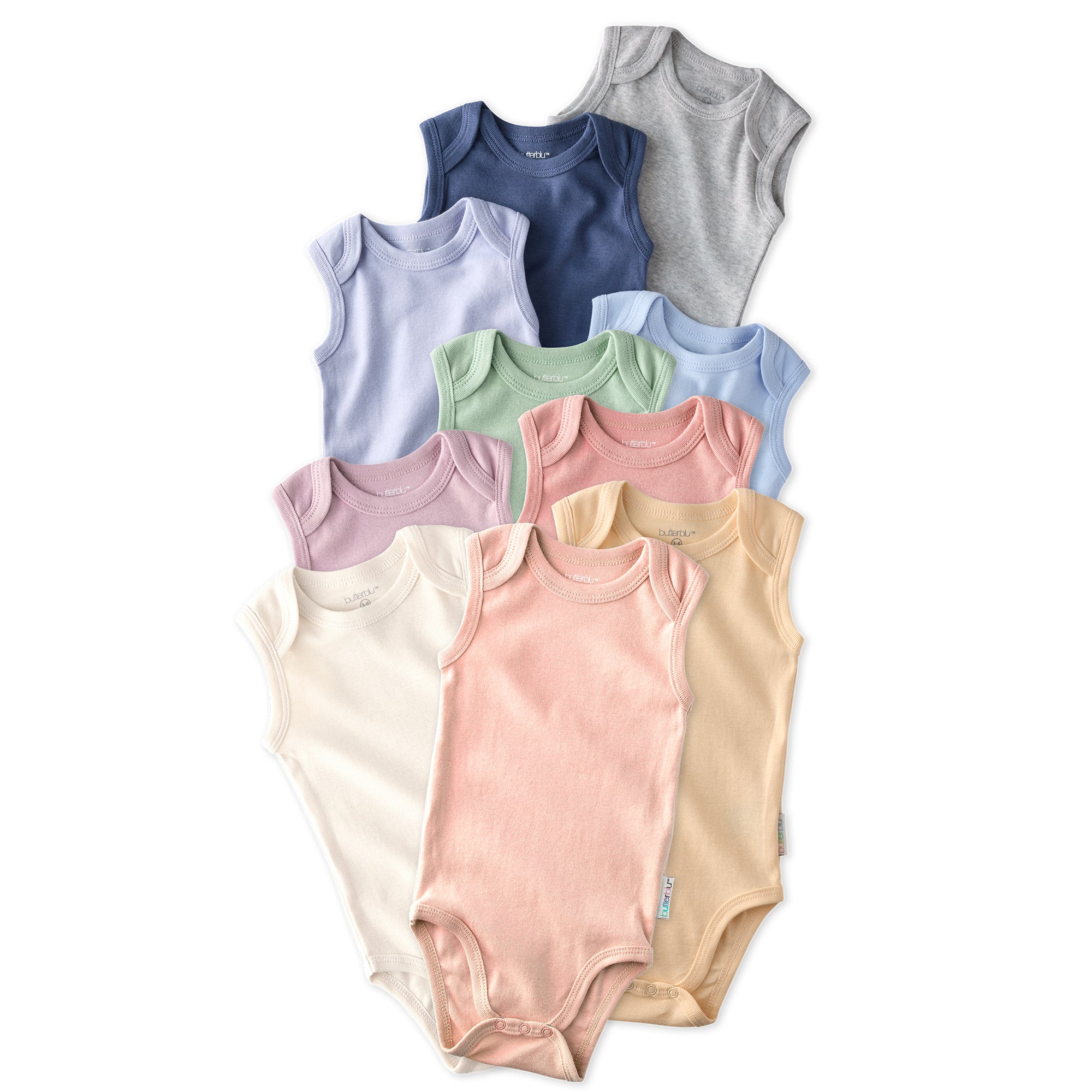 Layout of 10 short sleeve bodysuits in Stone Natural Rainbow on a white background