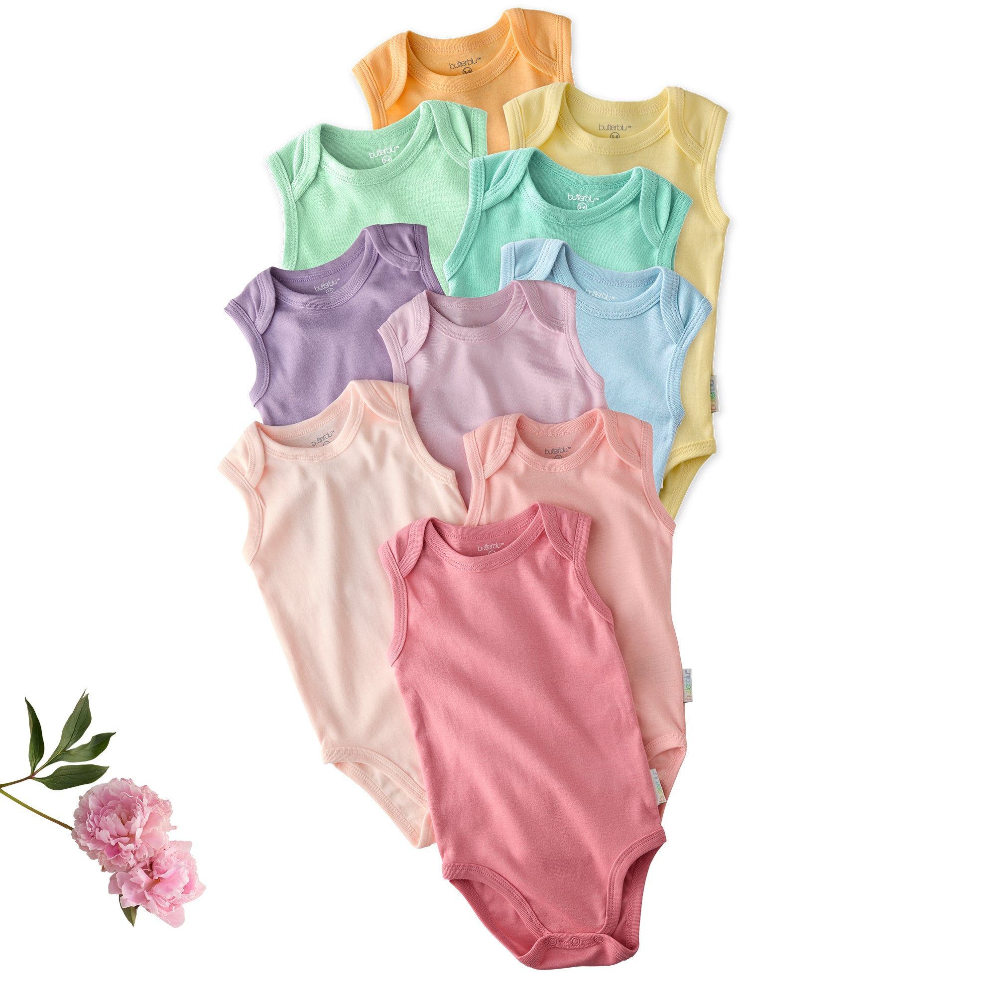 Layout of 10 short sleeve bodysuits in Sunny Pink Rainbow on a white background with a flower detail
