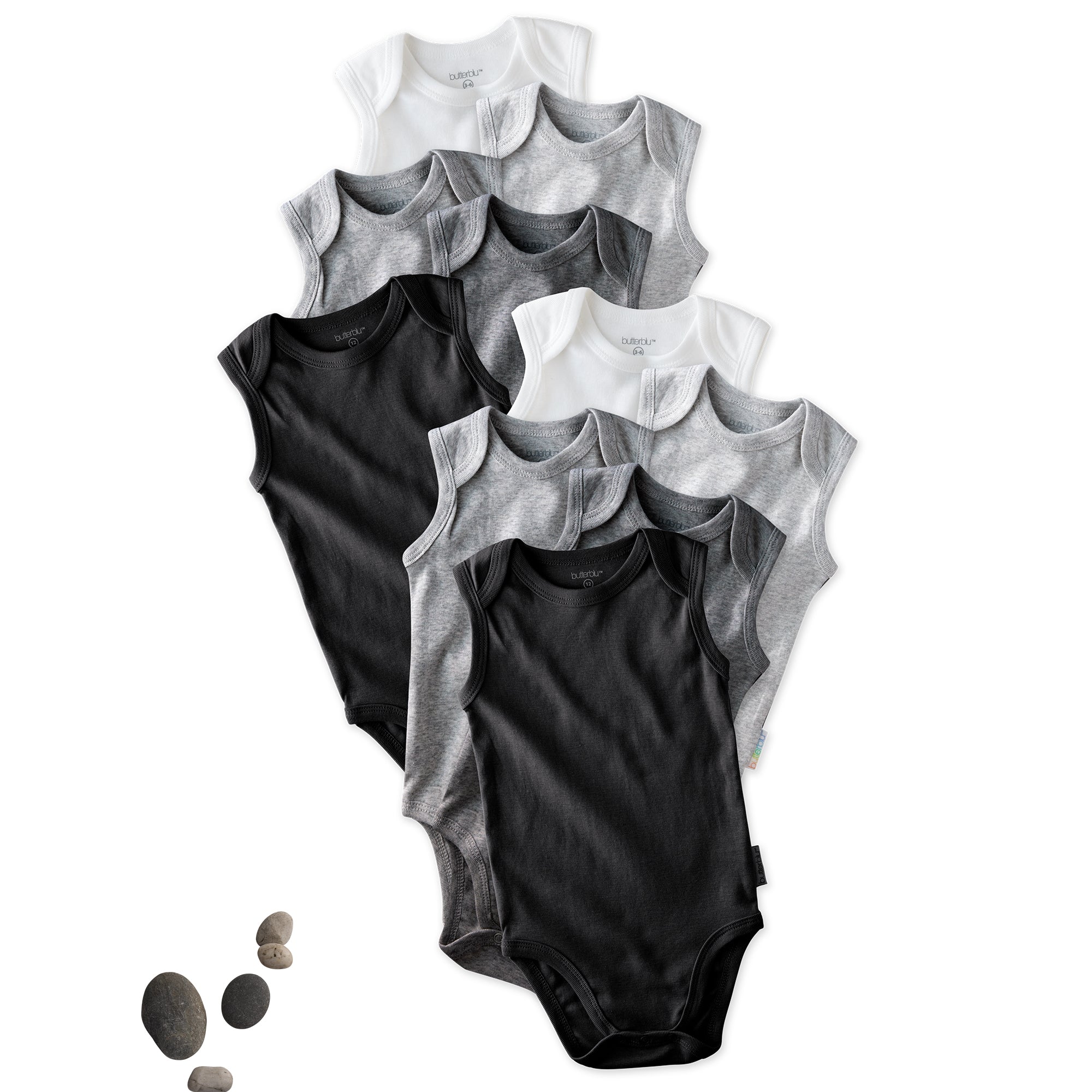 Layout of 10 short sleeve bodysuits in Stone Ombre Rainbow on a white background with a stone detail