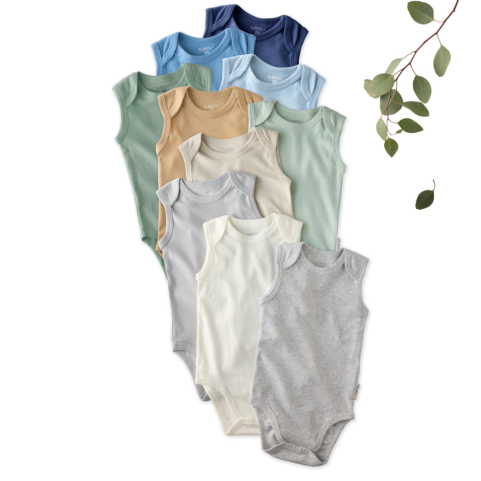 Layout of 10 short sleeve bodysuits in Seafoam Terra Rainbow on a white background with a plant detail
