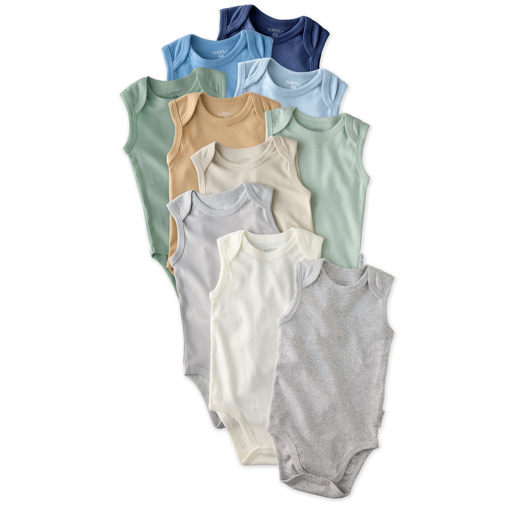 Layout of short sleeve bodysuits in Seafoam Terra Rainbow on a white background