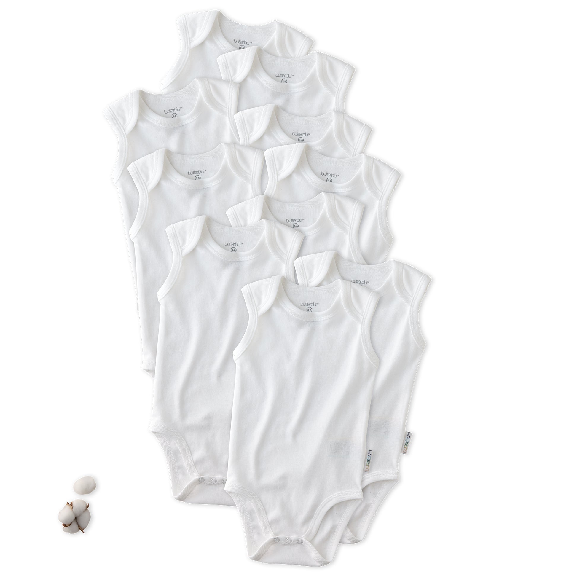Layout of 10 short sleeve bodysuits in White on a white background with a cotton detail
