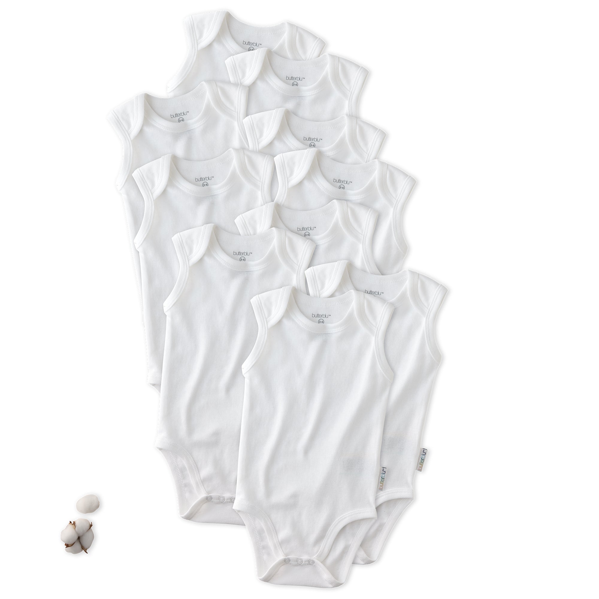 Layout of 10 short sleeve bodysuits in White on a white background with a cotton detail
