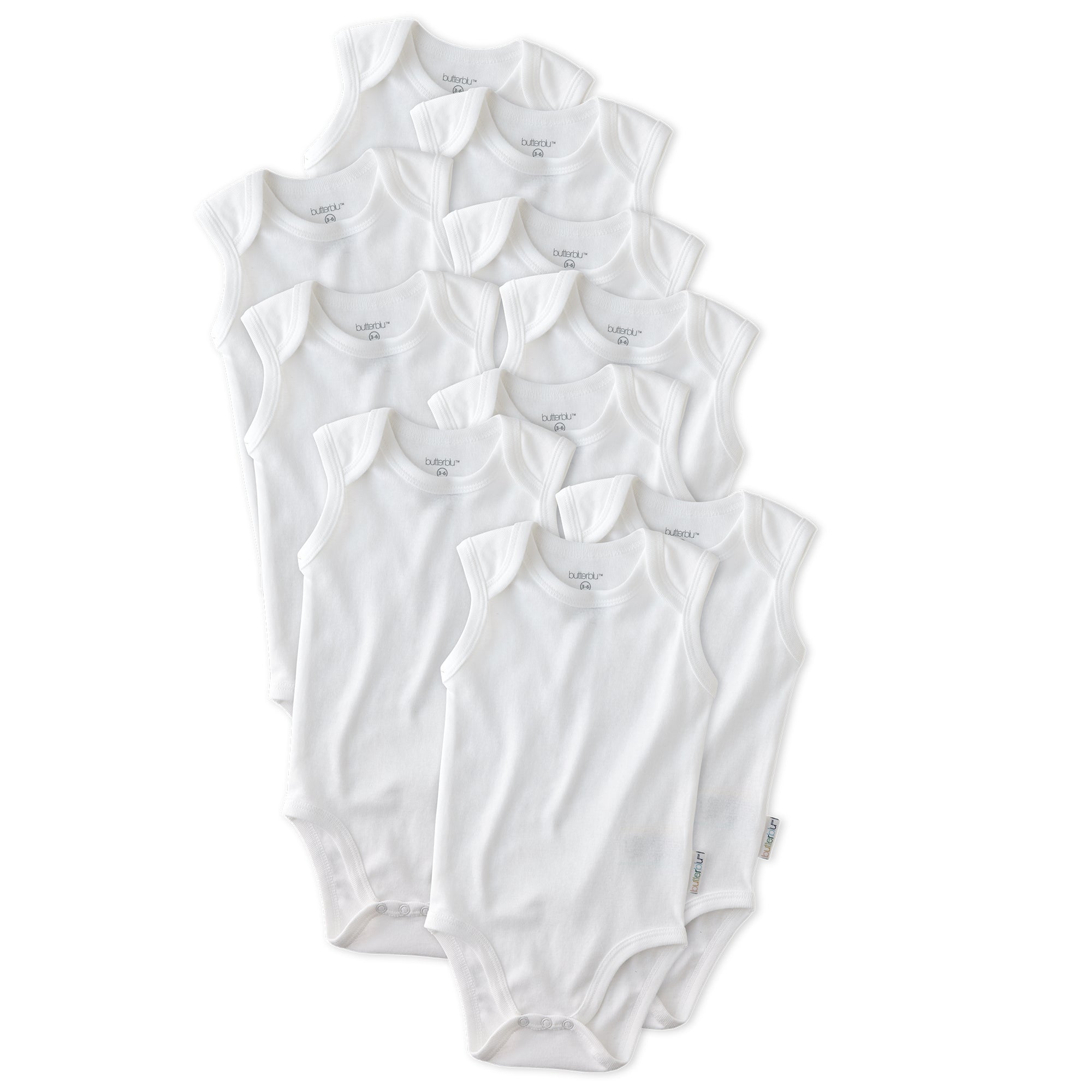 Layout of 10 short sleeve bodysuits in White on a white background