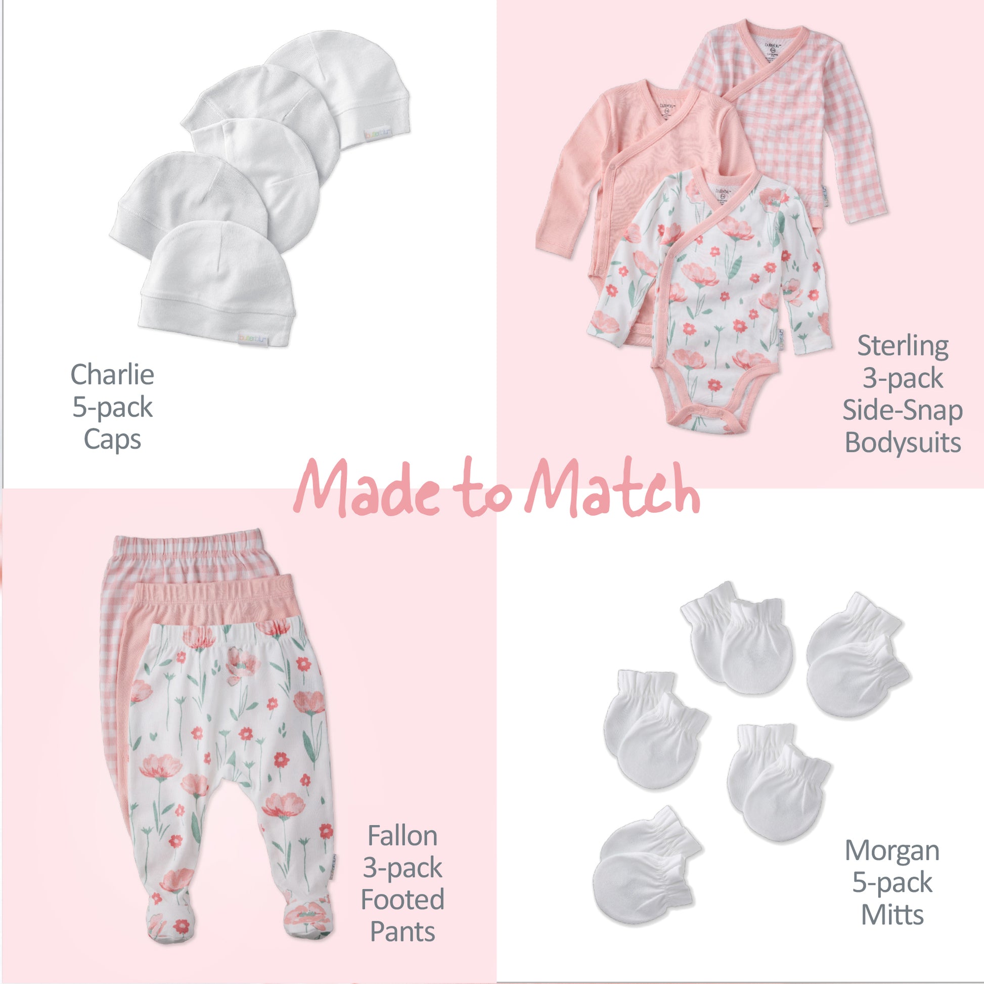 Baby clothing set with caps, bodysuits, pants, and mittens on a pink background.