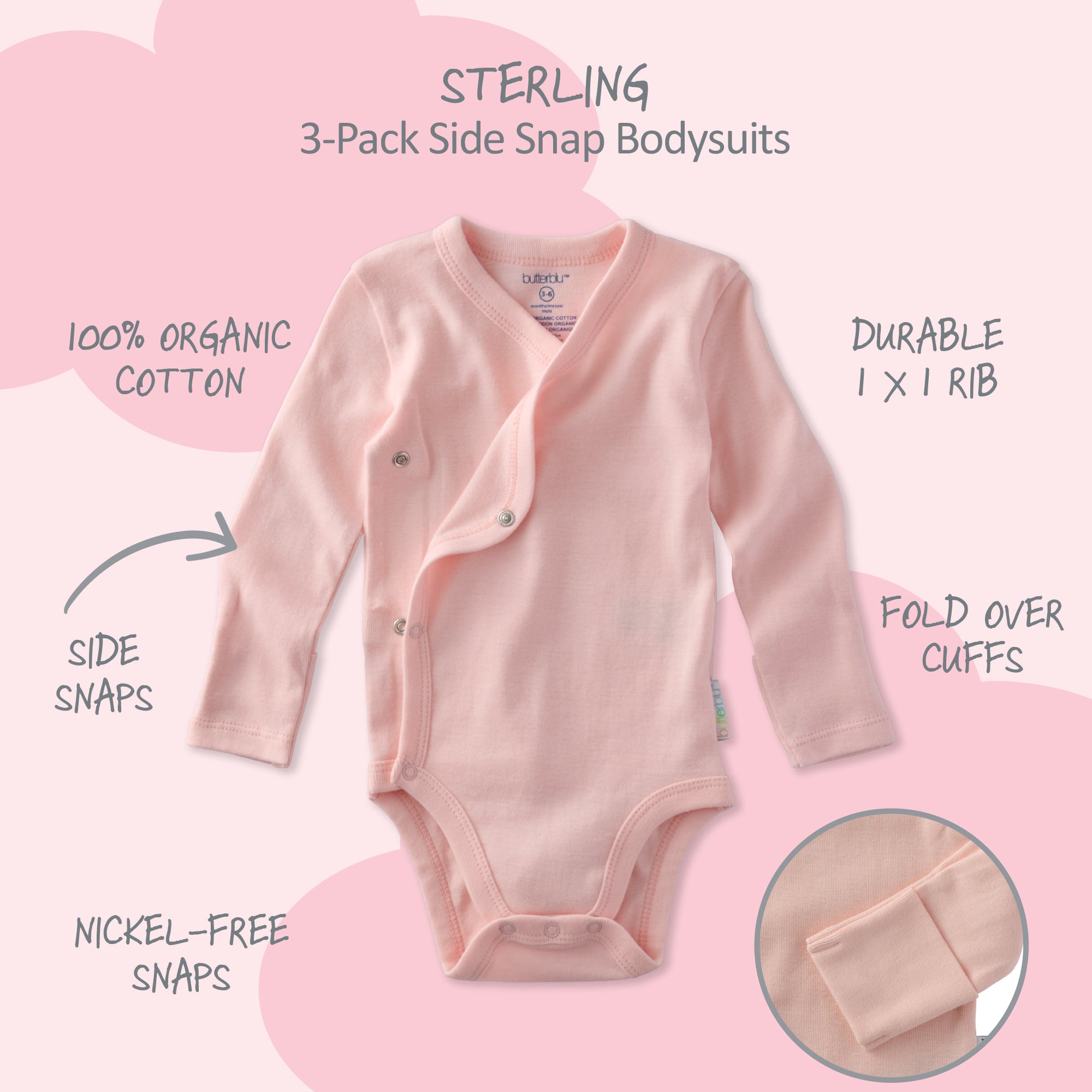 Pink baby bodysuit with features listed on a pink background