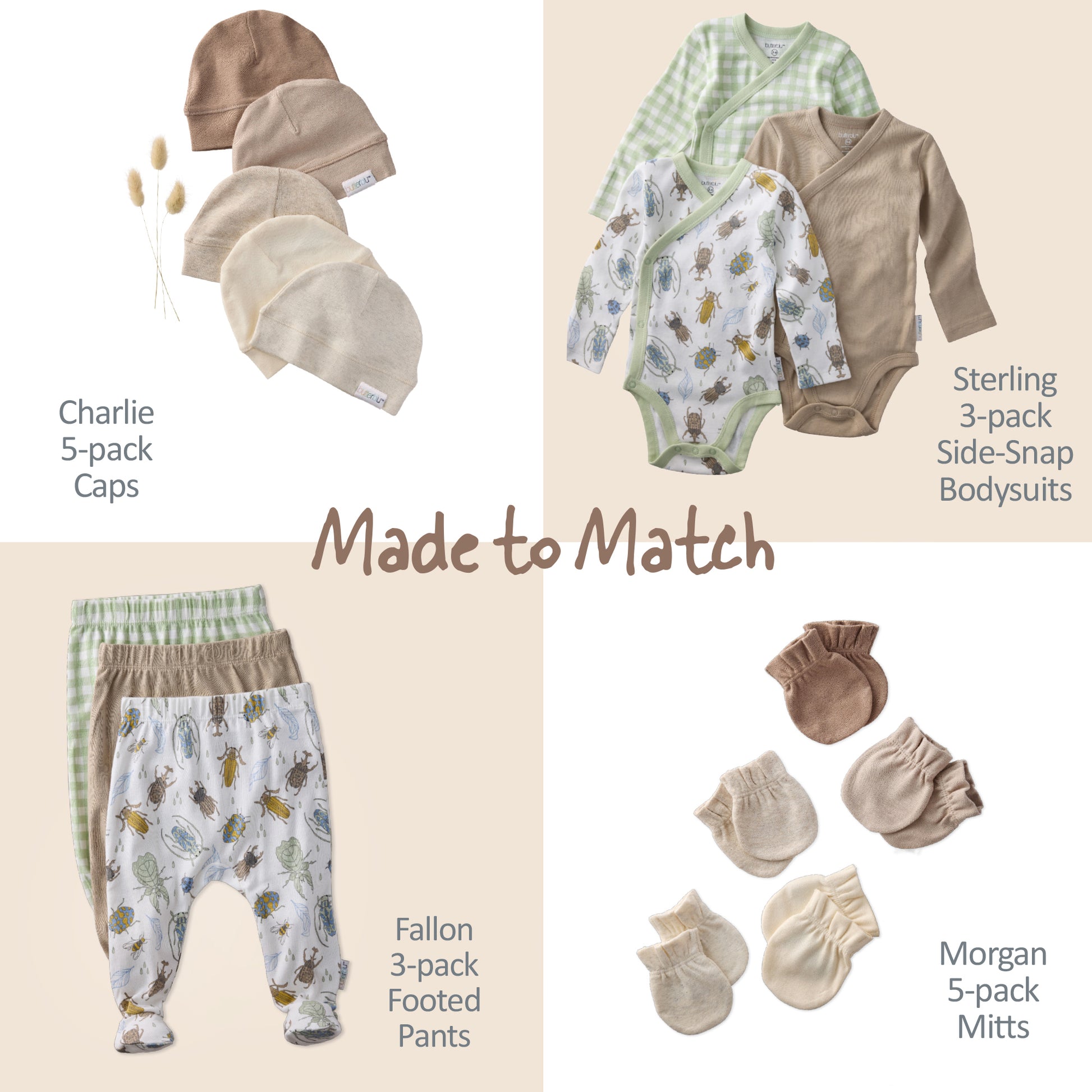 Collection of baby clothing including caps, bodysuits, pants, and mittens with 'Made to Match' text on a beige background.