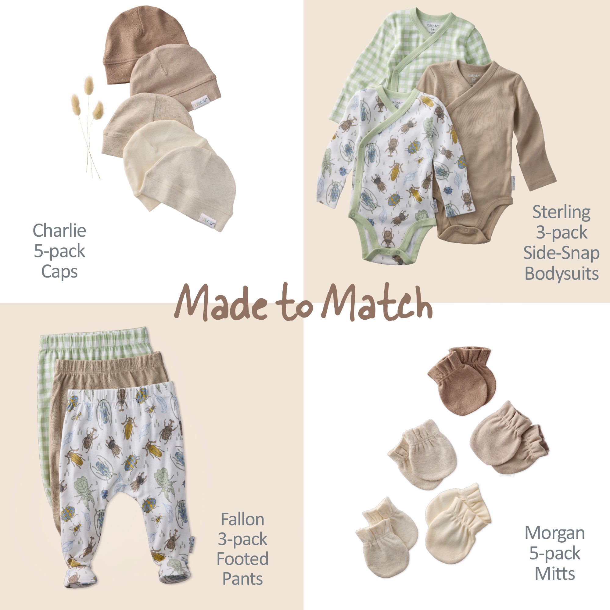 Collection of baby clothing including caps, bodysuits, pants, and mittens with 'Made to Match' text on a beige background.