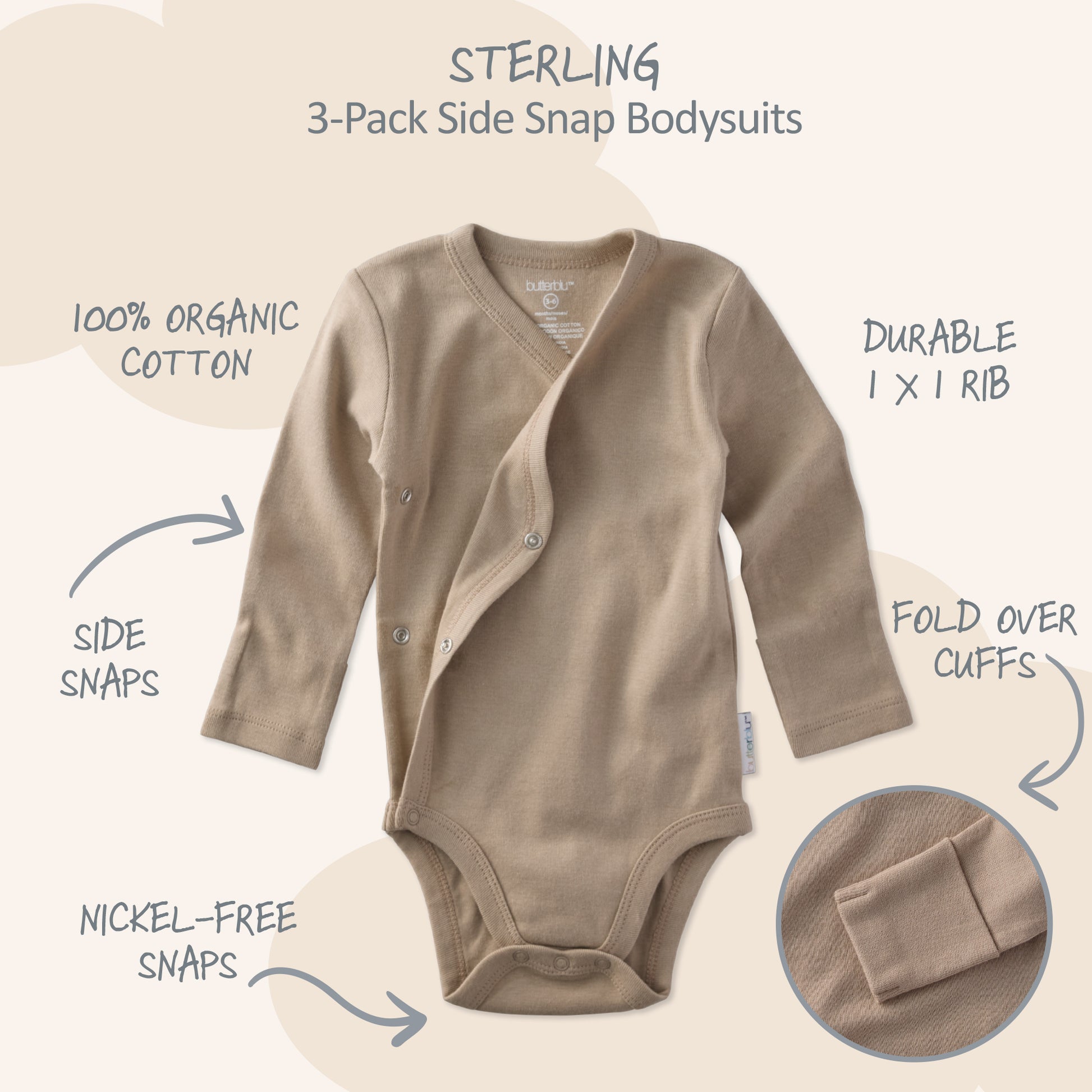 Brown baby bodysuit with features highlighted on a beige background