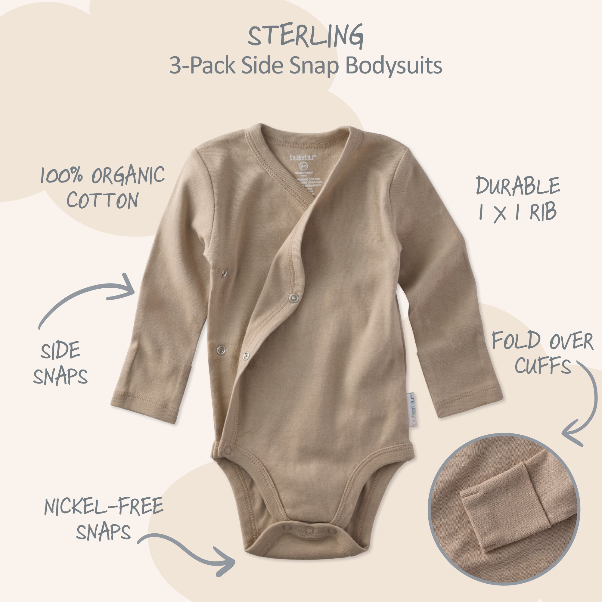Brown baby bodysuit with features highlighted on a beige background