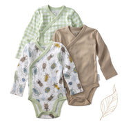 Three baby bodysuits in green, brown, and patterned designs on a white background.