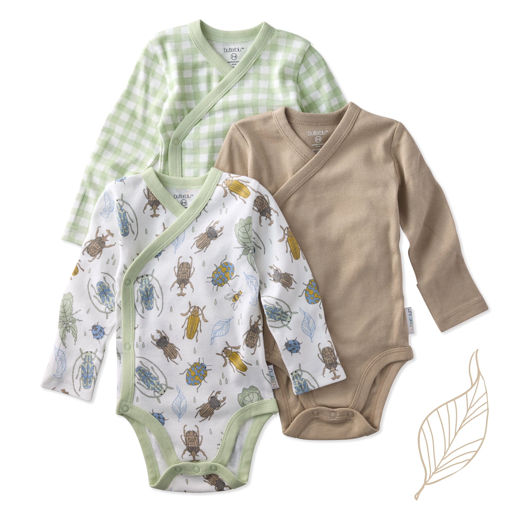 Three baby bodysuits in green, brown, and patterned designs on a white background.