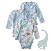 Butterblu Sterling 3-pack side snap baby bodysuits in Rawr Some Check — GOTS-certified organic cotton kimono-style onesies for newborns